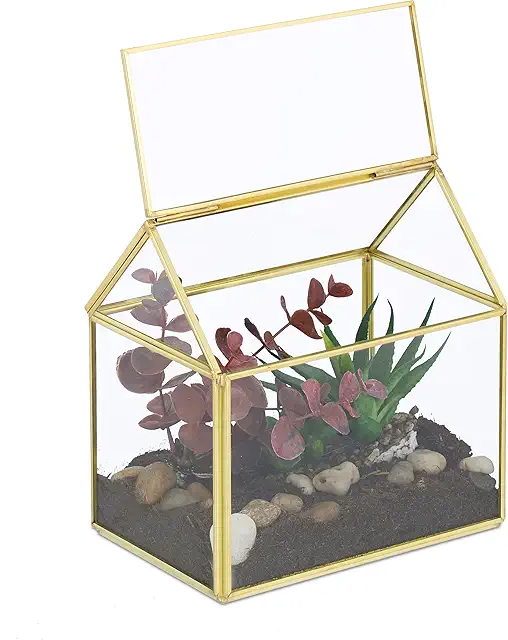 Relaxdays Golden Glass & Copper Plant Terrarium, 15x15x10cm, Mini Greenhouse for Cactus & Moss