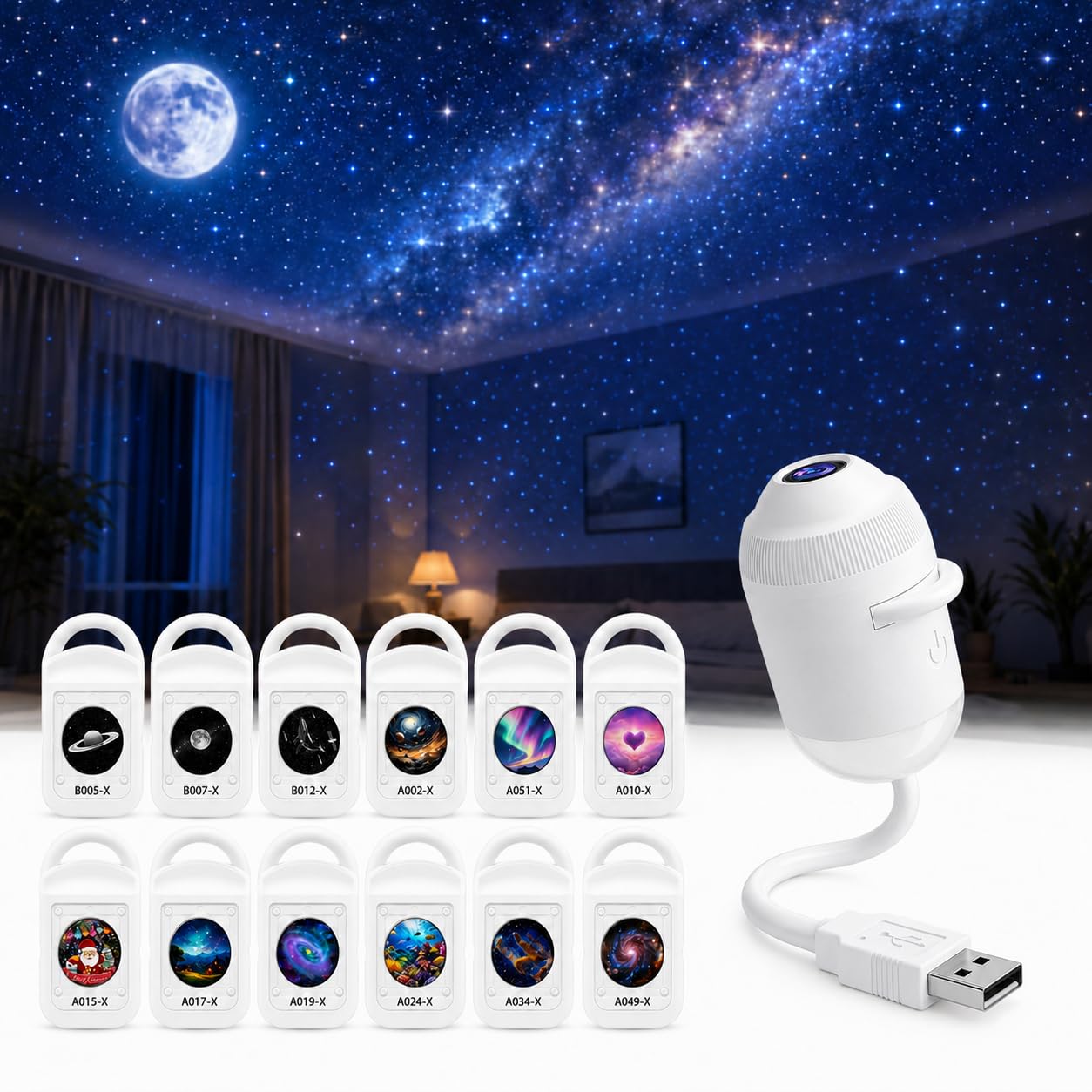 Plug and Play HD Star Projector, 5D Dynamic, 360 Rotating Focus (12 in 1)