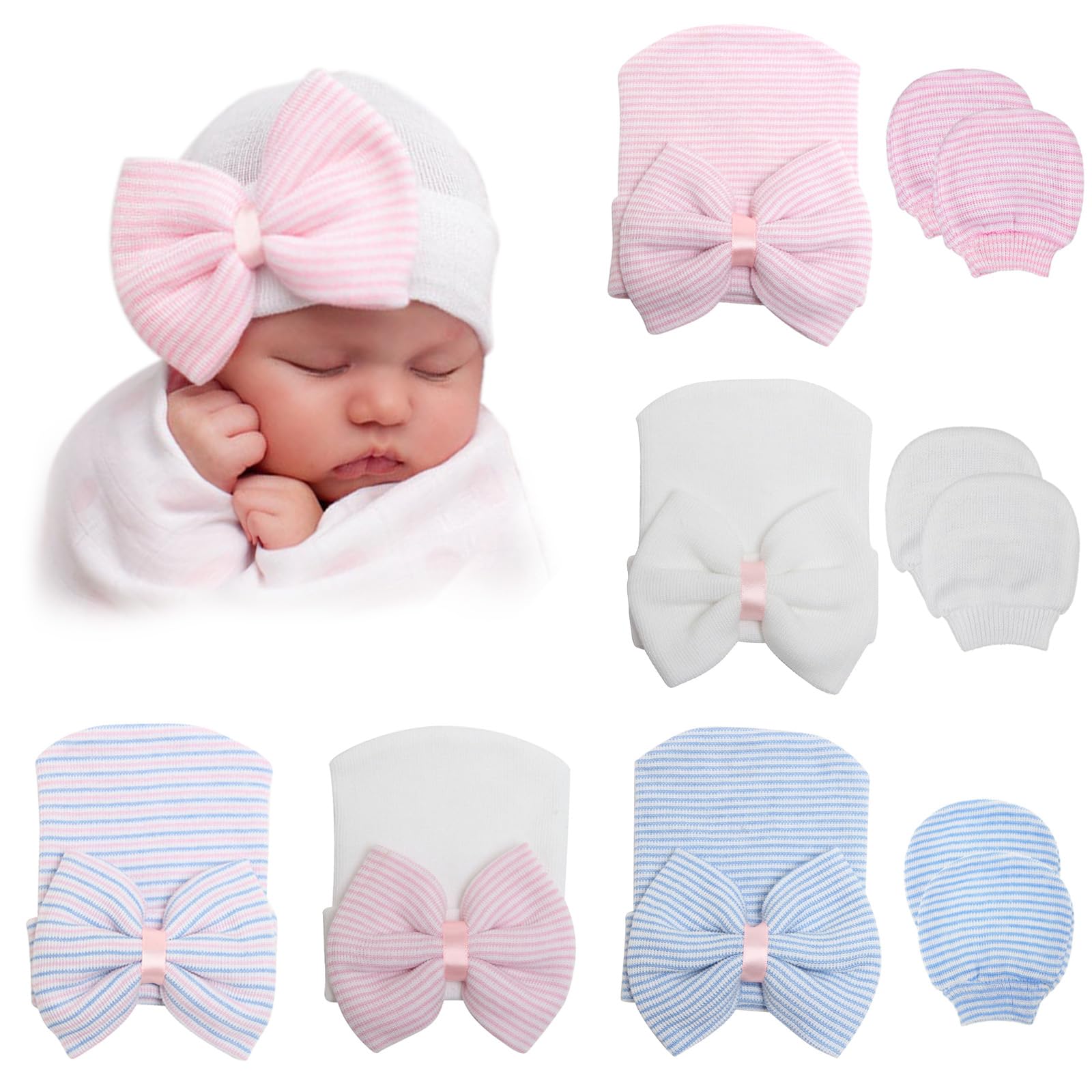 BQUBO Newborn Baby Caps Mittens for Baby Girls Baby Hats Scratch Mitten Gloves Set Soft Hospital Hat Infant Hats with Bow