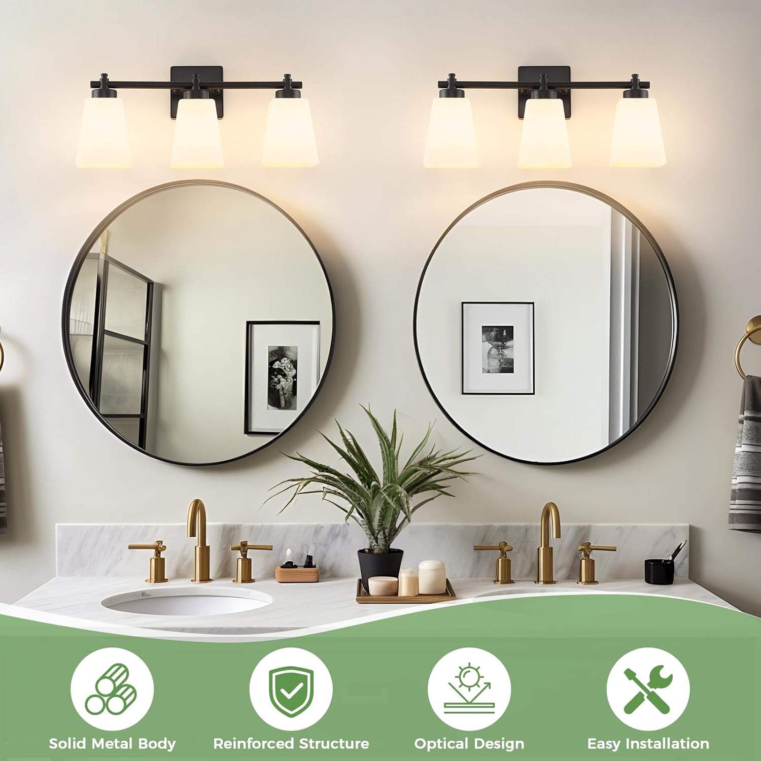 3-Light Bathroom Light Fixtures, 20" Black Modern Vanity Lights with Glass Shade, Bathroom Wall Lamp for Mirror Kitchen Living Room Hallway Porch