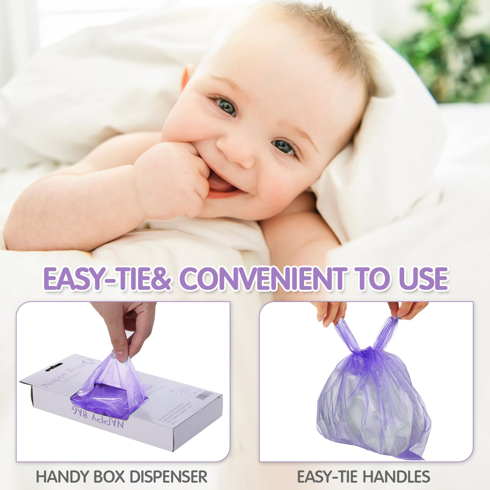 1600 bolsas de pañales desechables para bebé, bolsas de pañales perfumadas con asa de corbata, bolsas de basura para desechar, bolsas de basura para caca de bebé (morado)