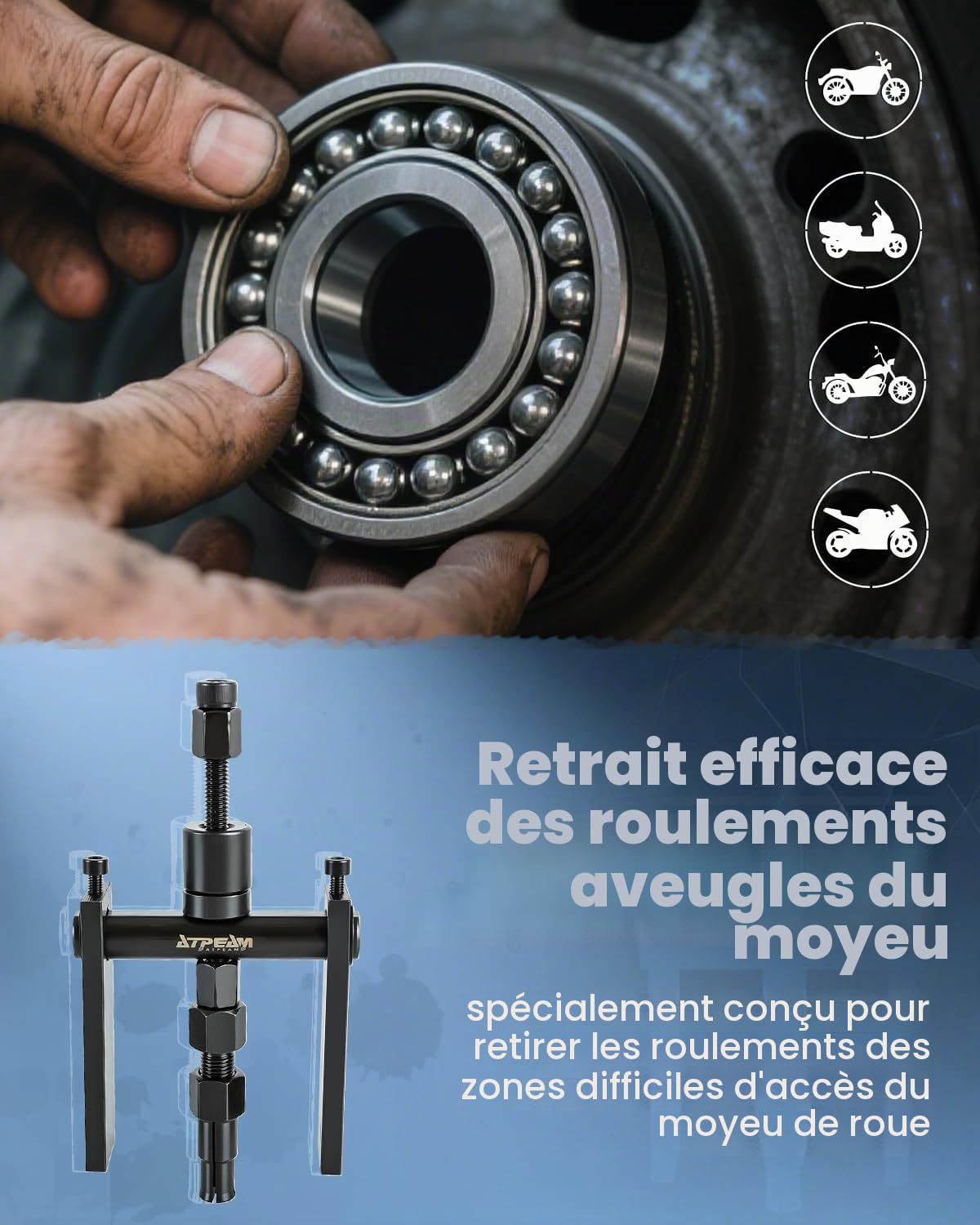 ATPEAM Extracteur de Roulement Moto 10 Pièces, Kit d’Extracteur de Roulement Intérieur Ø8–25mm avec Coffret, Outil de Démontage de Roue Moto