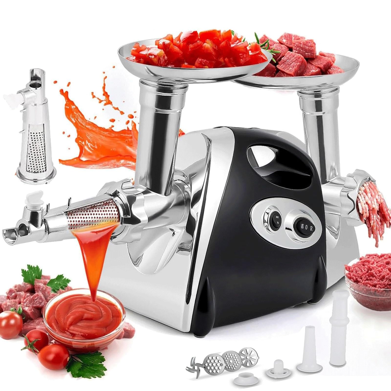 MYUYEE Electric cheese grater and meat grinder,multifunctional meat grinder sausage stuffer,tomato juicer with 3 plates and sausage stuffer home kitchen