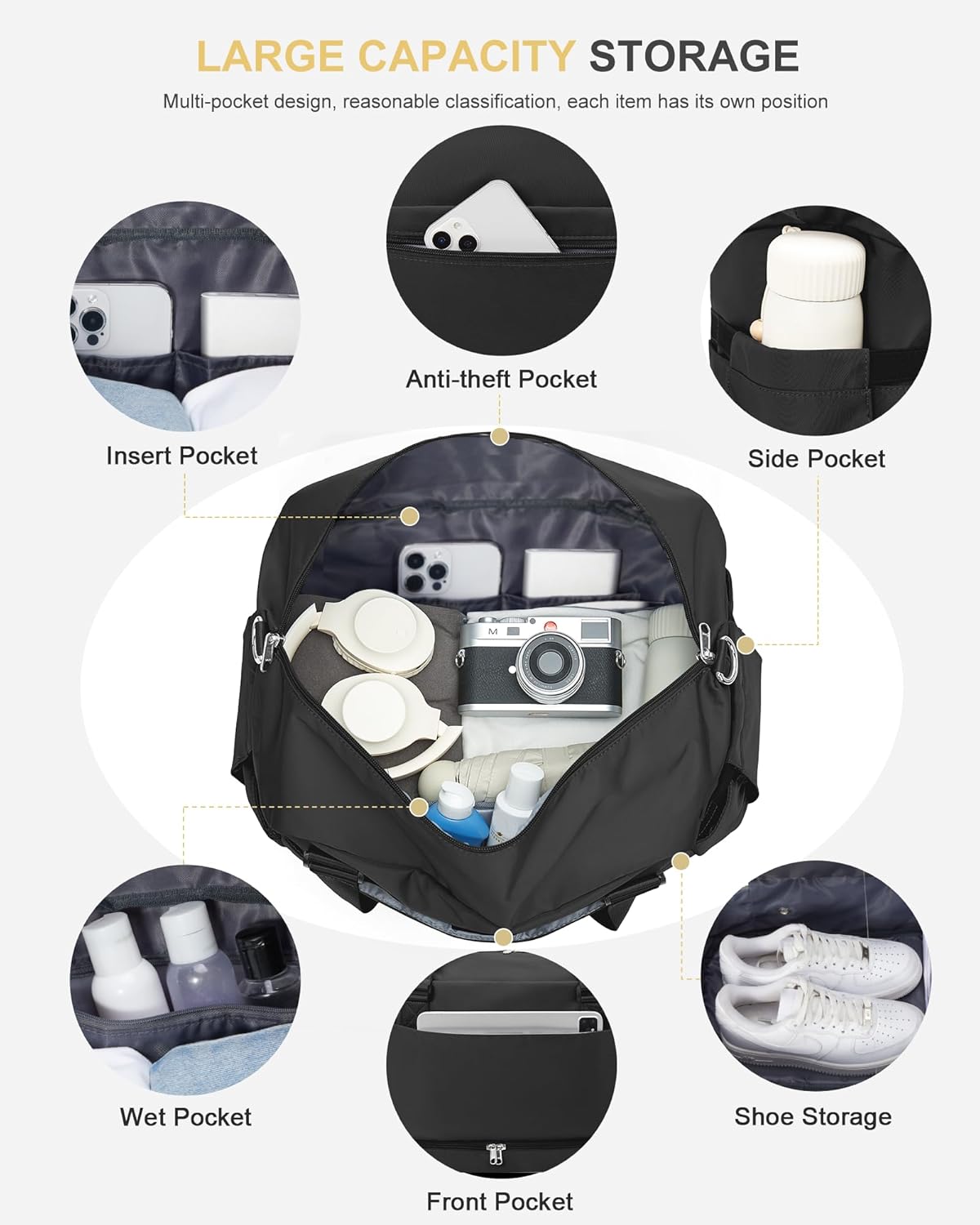 Weekender Bags for Women, Travel Duffel with Shoe Compartment, Carry On Gym Duffle Bag with Wet Pocket, Personal Item Overnight Tote Bag for Airlines Black - Image 2