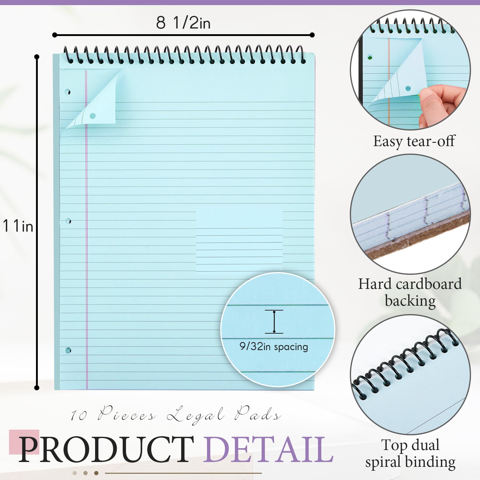 MotiMind Paquete de 10 cuadernos con espiral superior de 8.5 x 11 pulgadas con 3 agujeros perforados, bloc de notas con rayas universitarias, 50 hojas de papel de cartón duro, bloc de notas