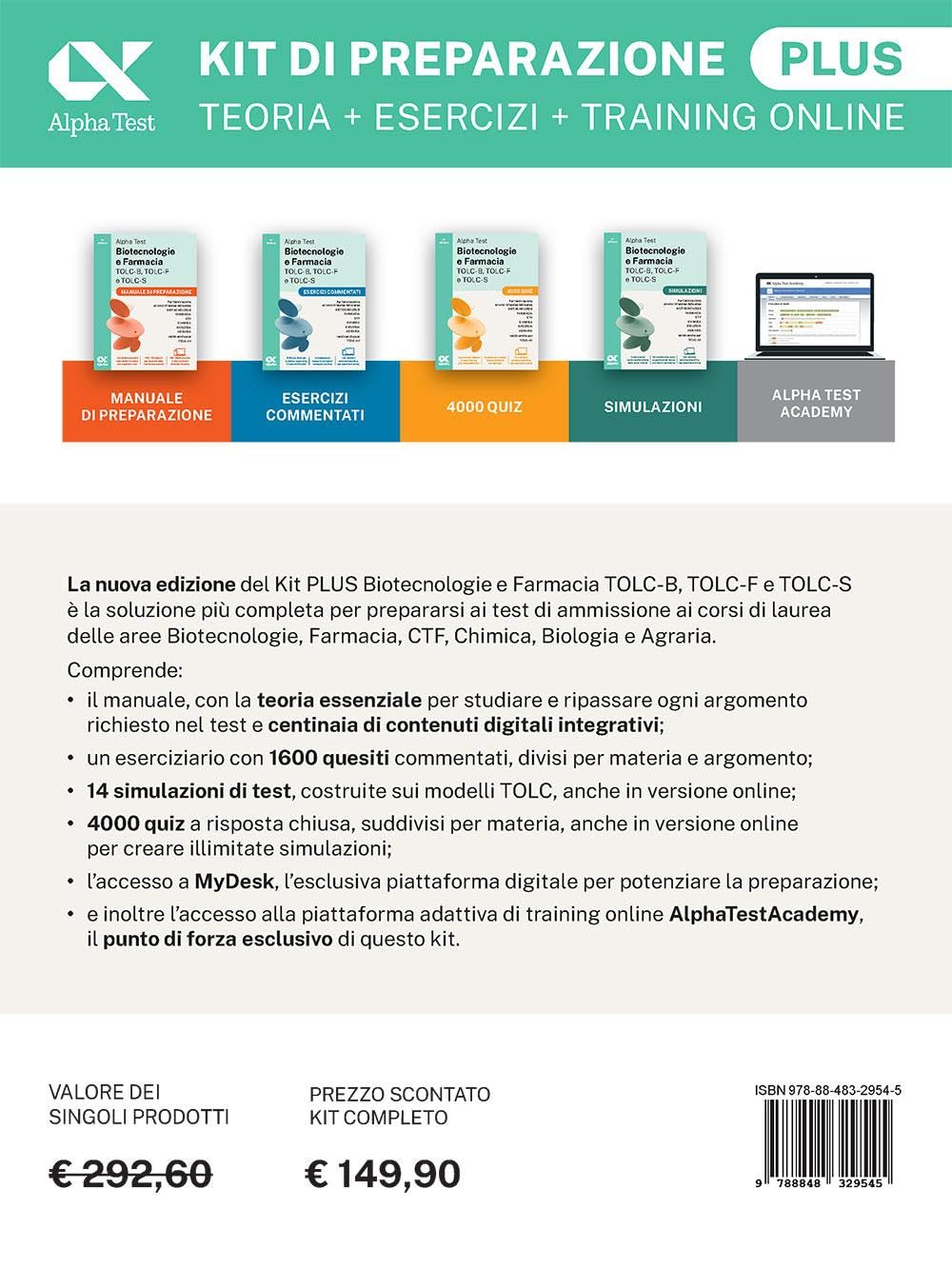 Alpha Test Biotecnologie e Farmacia TOLC-B, TOLC-F e TOLC-S 2026-2027. Kit di preparazione Plus. Per test di ammissione universitari, anche per TOLC-AV. Con piattaforma e simulatore online