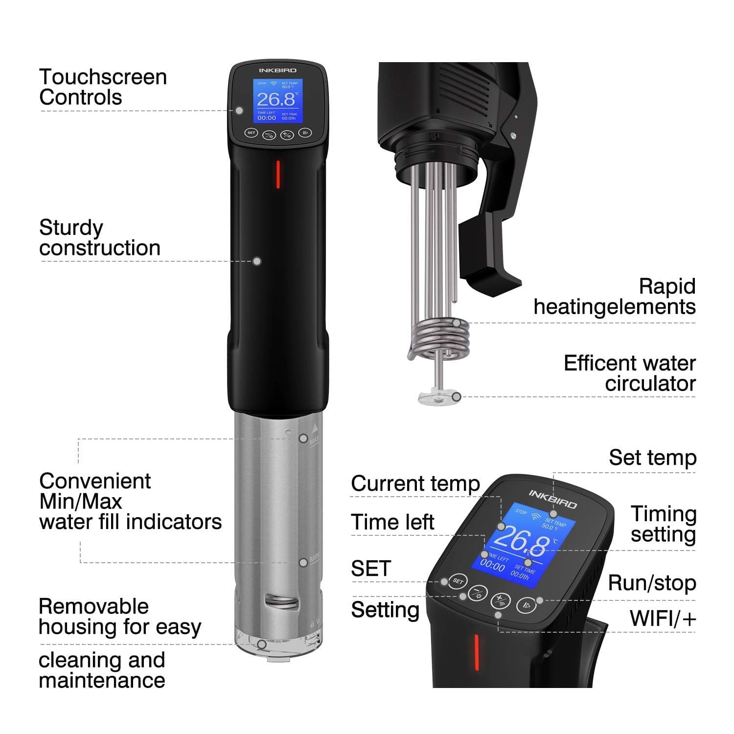 NKBIRD WIFI Sous Vide Cooker ISV-100W, 1000 Watts Fast-Heating W/Free APP | Sous Vide Machine Immersion Circulator w/ 14 Free Preset Recipes , Thermal Immersion w/ Smart Timer, Calibration Function