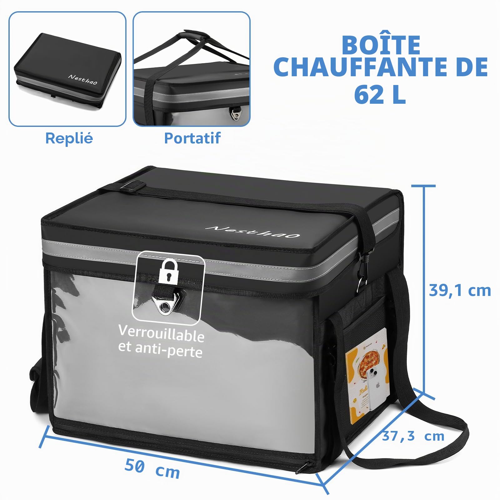 Nesthao Sac de Livraison de Nourriture Isotherme avec Cadre de Support et Plaque inférieure en Plastique, boîte de Livraison d'épicerie pour Restauration, Restaurants, livreurs, doordash et Plus
