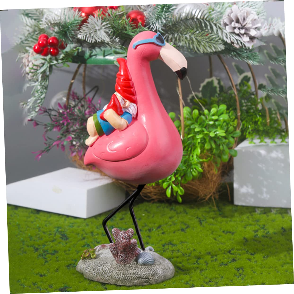 Milisten Statue de GNOME D'extérieur Allongé sur Flamant Rose en Résine