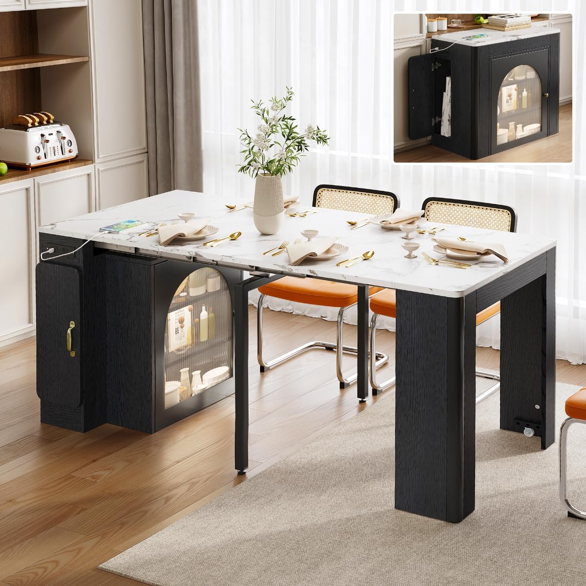 Mobile Extendable Dining Table with 3 Removable Middle Leaves and Power Outlets for 2-5 People, Kitchen Island with Storage Cabinet and Drawers, Kitchen Island Cart for Dining Room (Black)