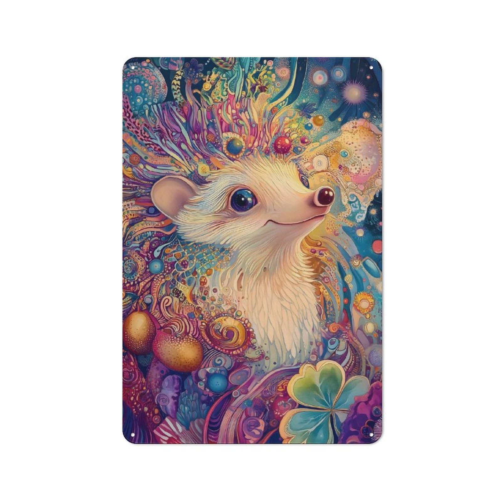 Tin Sign 30x20cm with Whimsical Hedgehog in Dreamscape Fantasy for Workshop Wall, Rustic Decor, Suited to Workshop Decor Fans