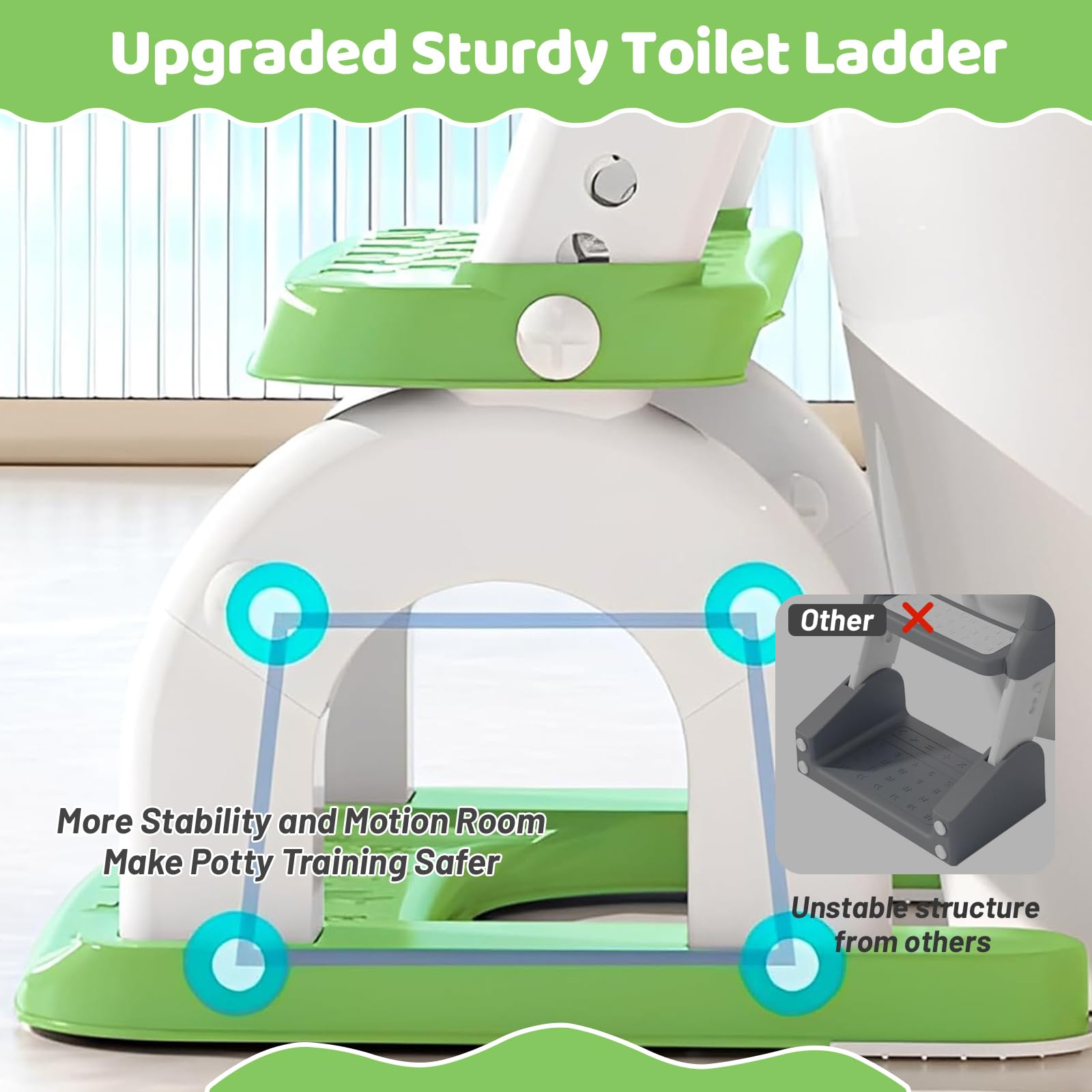 Réducteur Toilette Enfant 2-en-1, Rehausseur WC Pliable Réglable avec Escalier Antidérapant, Coussin PU Confortable, Adapté aux Toilettes V/O/U, Apprentissage Propreté pour Enfants 1-6 Ans (Vert)