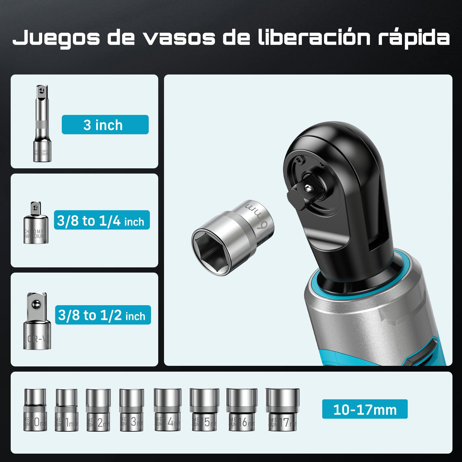 Seesii 3/8" Llave de carraca eléctrica, 80N·m llave de trinquete con baterías 2x2,0 Ah, 300 rpm Llave de carraca a batería con vasos de 10 a 17 mm, más adaptadores de 1/4" y 1/2" alargador de 3"