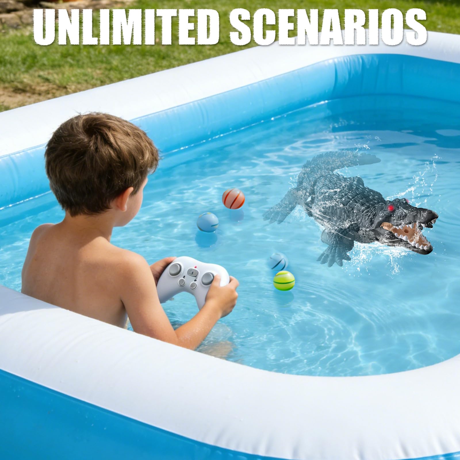 Barcos Teledirigido RC Cocodrilo, 2.4GHz Barco de Control Remoto con luz LED y Doble hélice para Piscinas y Lagos, Juguete Cocodrilo EléCtrico de Piscina Agua para niños y niñas