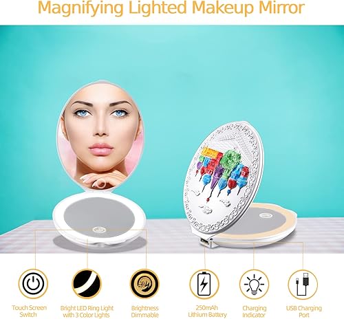 Miniatura 2 de Regalos para mujer, elegante espejo compacto iluminado, espejo de maquillaje con aumento de castillo blanco con 3 colores y brillo regulable, espejo
