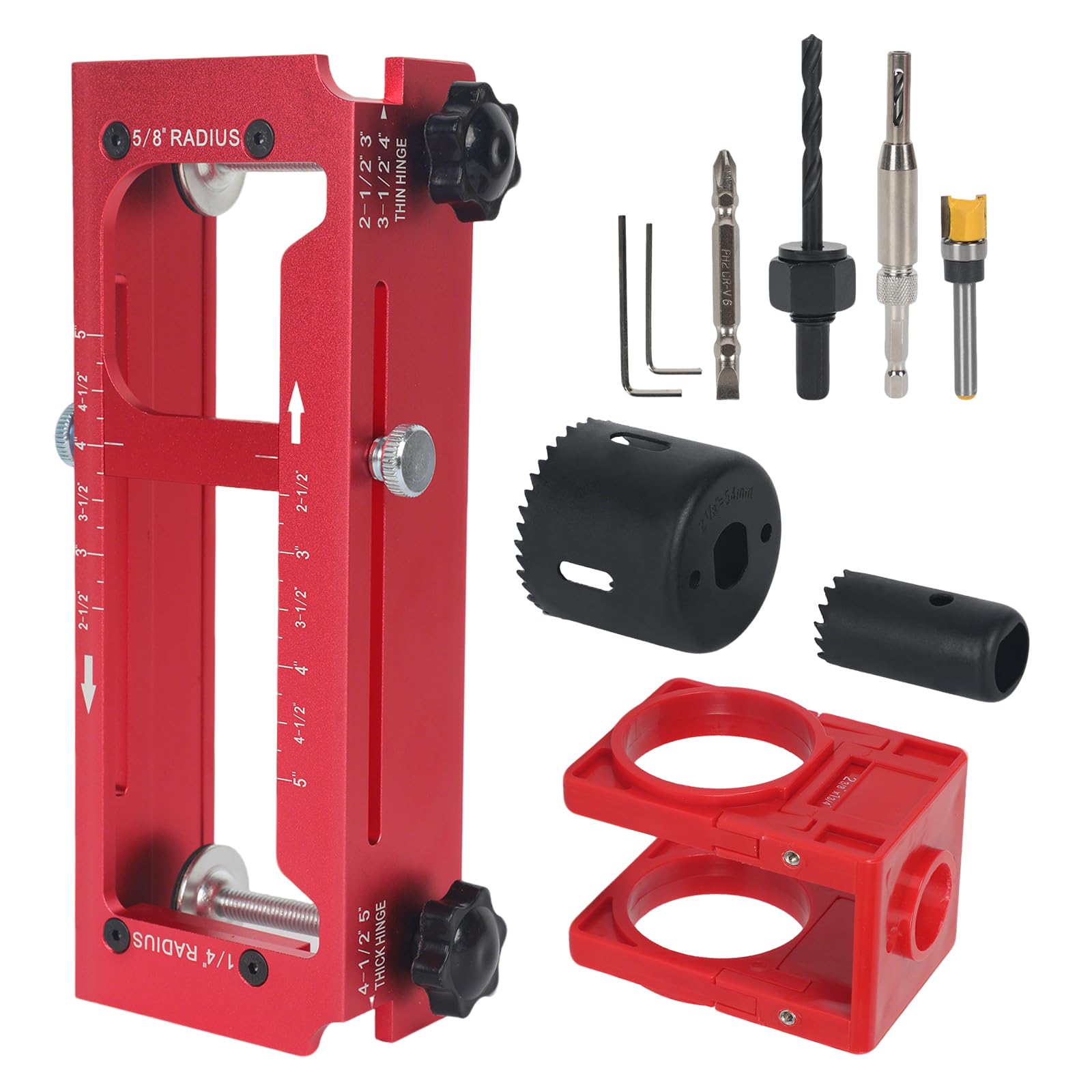 Door Hinge Jig, Aluminium Alloy Door Hinge Template Kit for Door & Cabinet Installation, Adjustable Hinge Mortise Jig Kit Fits 2.5" to 5" Length, 1/4" Radius, 5/8" Radius and Square Corner Types