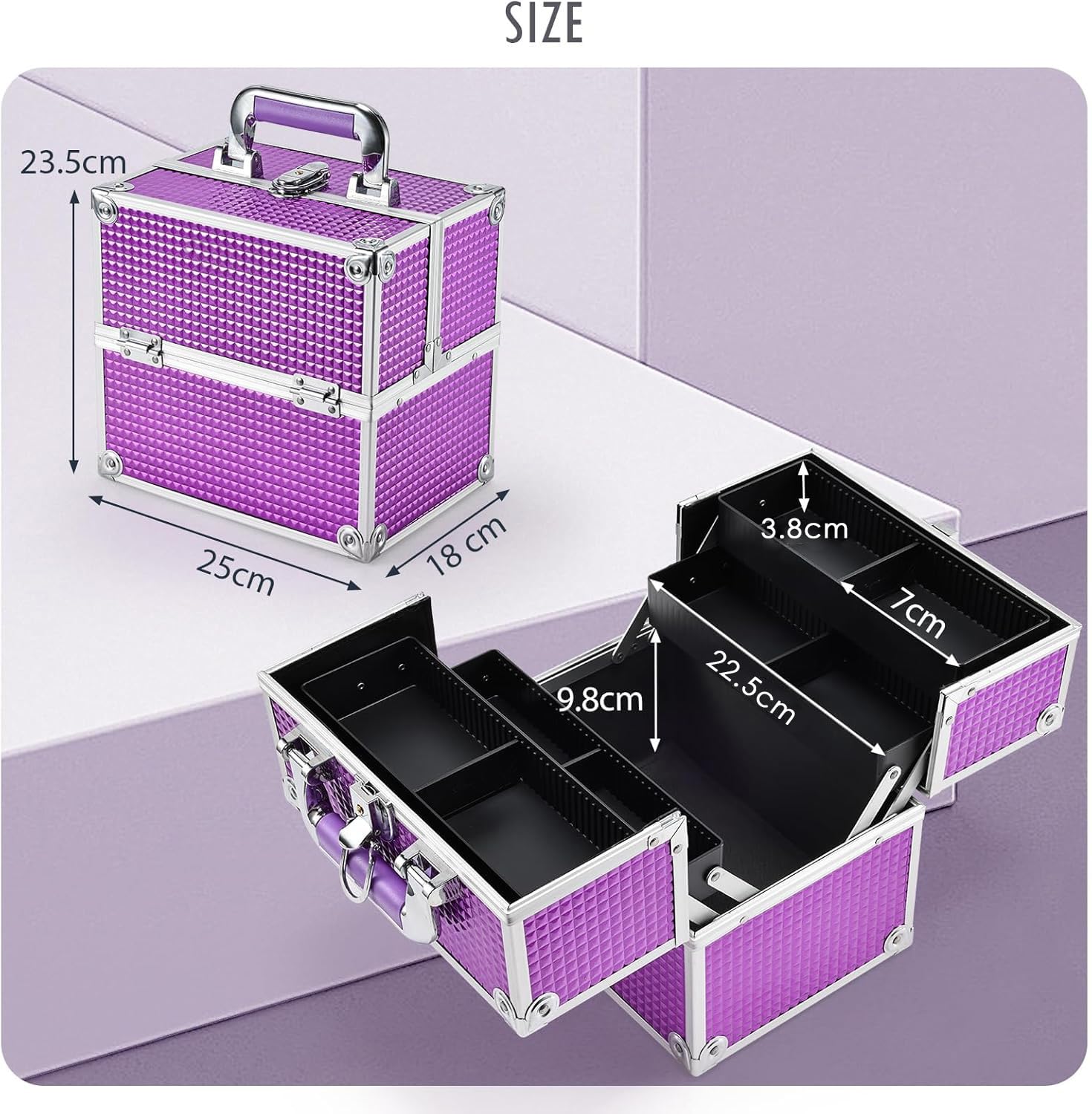 Frenessa Make-up-Box, Kosmetikkoffer, Schmuck-Organizer, Schmink-Aufbewahrungsbox, Schönheits-Zugkoffer, abschließbar, mit Schlüsseln, violett