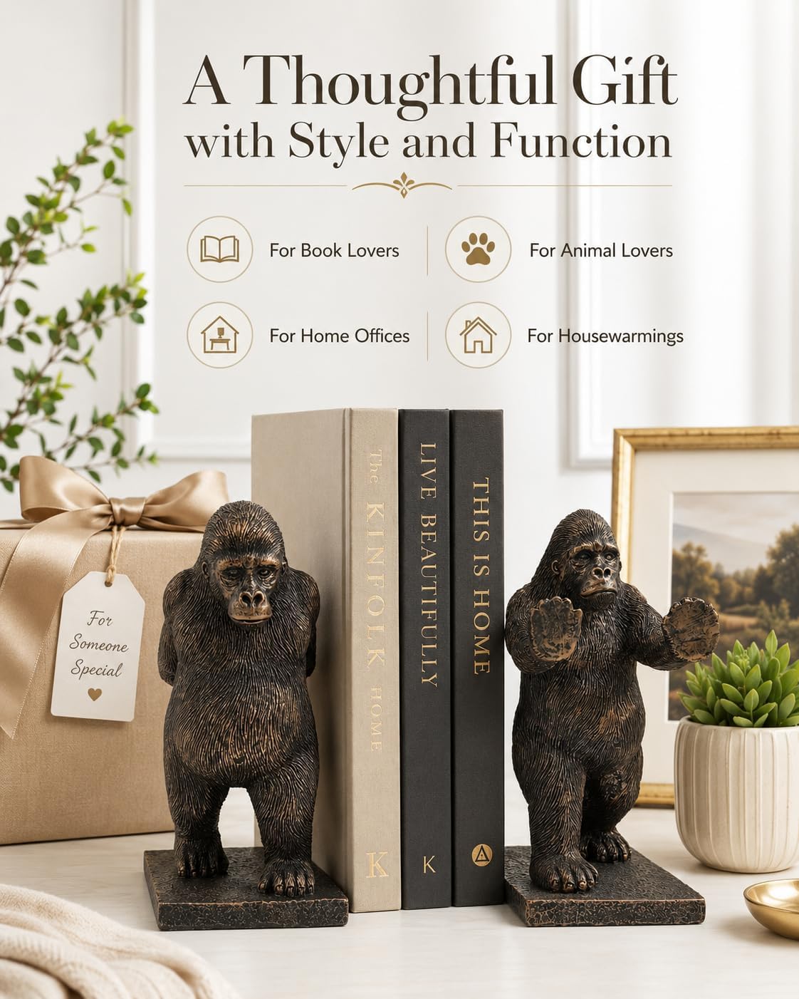 2-Pack Bronze Resin Gorilla Bookends, Realistic Heavy Animal Gorilla Sculpture Decorative Book Ends for Shelves Office Desk, Study Room, Living Room Shelf Decor, Book Lovers Gifts (Gorilla)