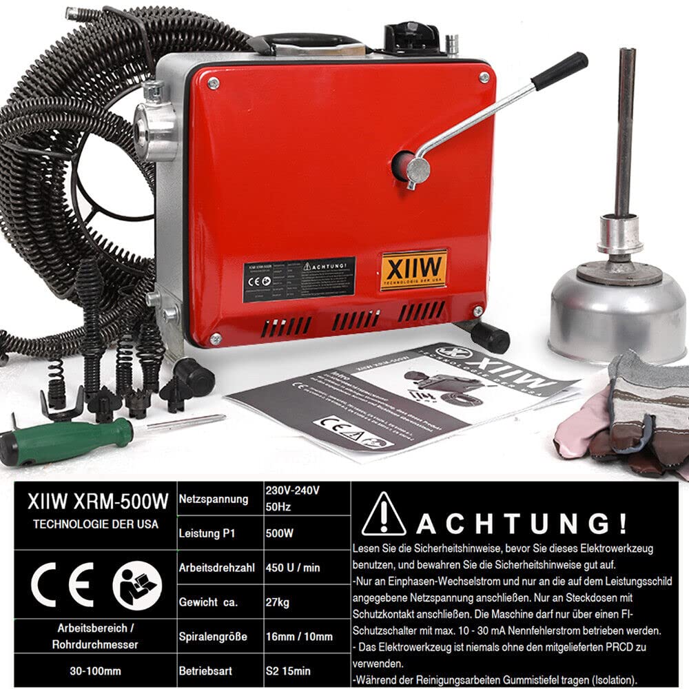 XIIW Furet Déboucheur Électrique 500W 450tr/min Moteur Cuivre, 8 Têtes de Coupe, 4 Spirales Acier Manganèse Total 46m avec 20m Renforcée Machine de Débouchage Canalisations Ø30-100mm, nettoyage tuyaux