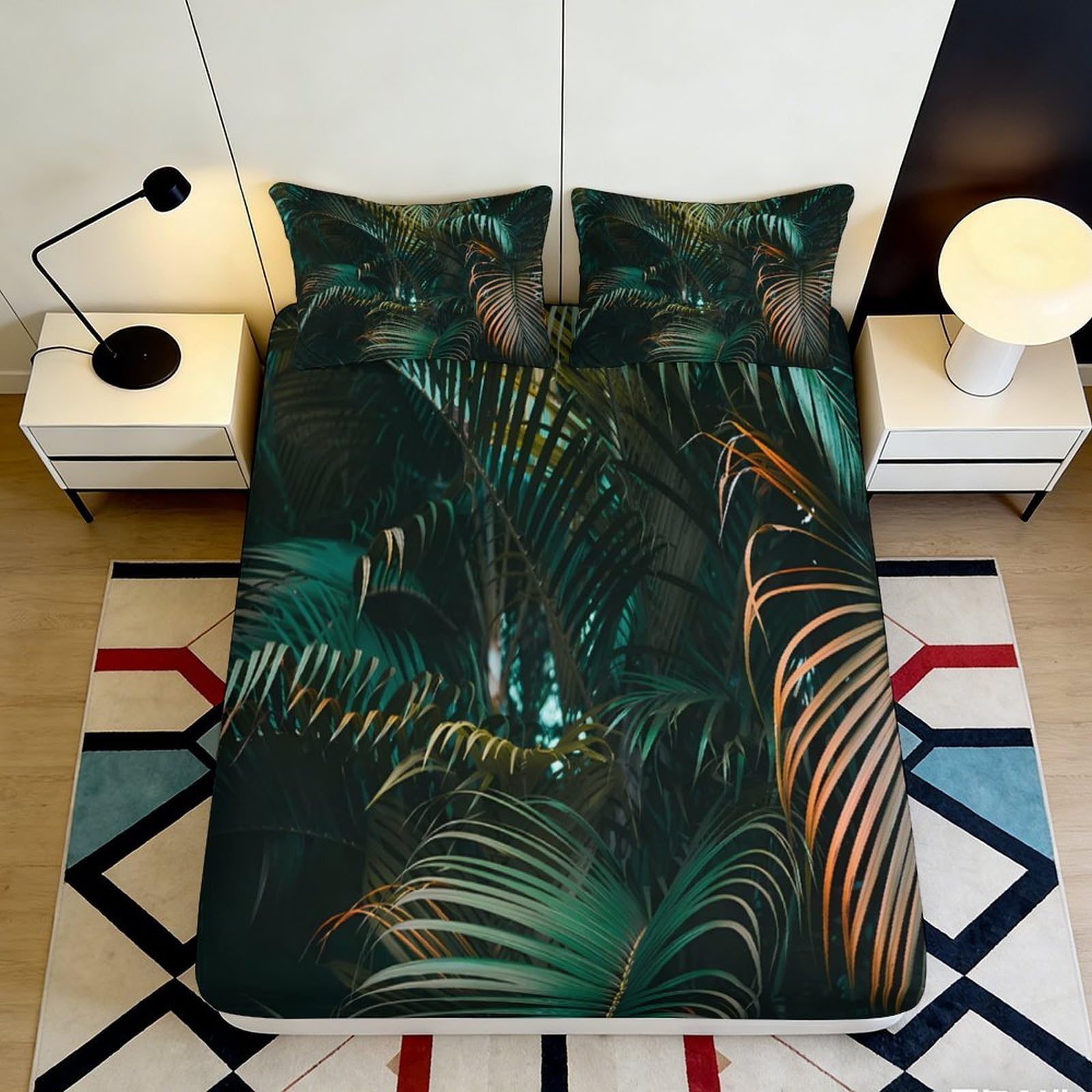 3D Printed Tropical Jungle Fitted Sheet Microfiber Soft Green Palm Leaves Mattress Cover for Bedroom Dorm Decor 90x200x25cm