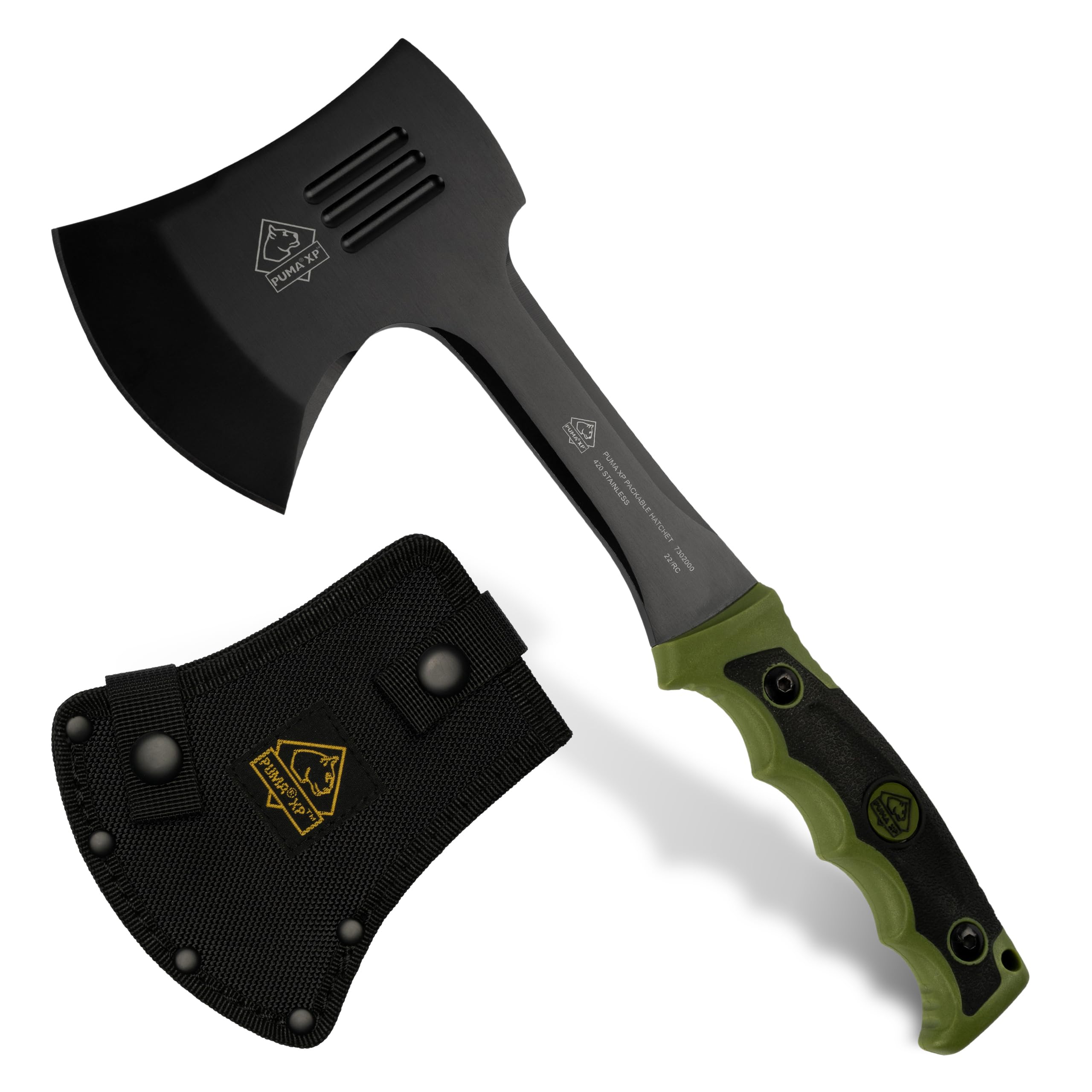 PUMA XP - Packable Hatchet – Kompaktes Outdoor-Beil Olivgrün mit 90 mm Schneide & 305 mm Gesamtlänge – 5 mm Starke Klinge aus 440 Stahl (55-57 HRC) – Rutschfester Gummigriff – inkl. Nylon-Scheide
