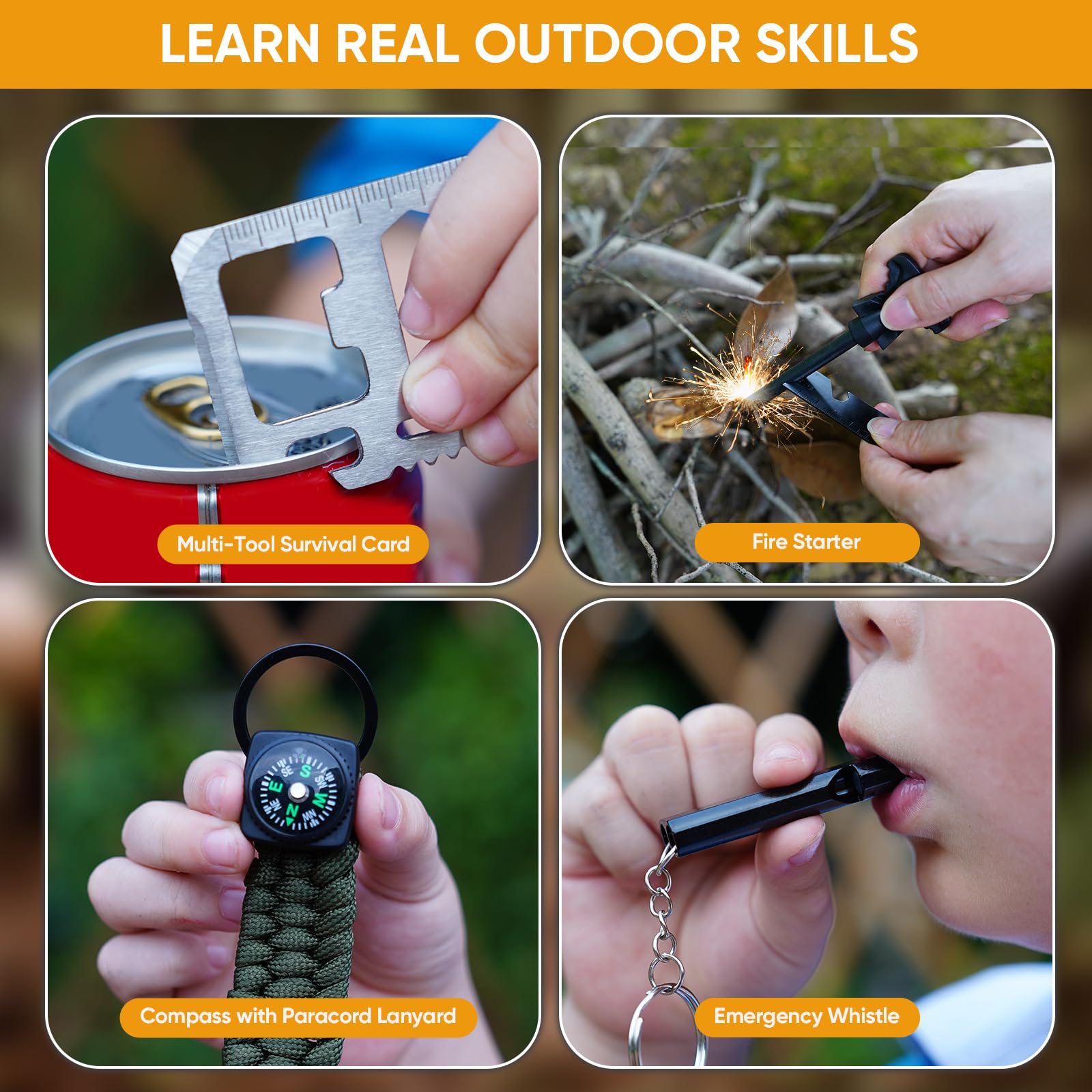 Kit di sopravvivenza per bambini all'aperto con coltello tascabile, multitool, avviatore di fuoco, bussola, paracord, fischietto, moschettoni e borsa impermeabile – Set avventura da campeggio per