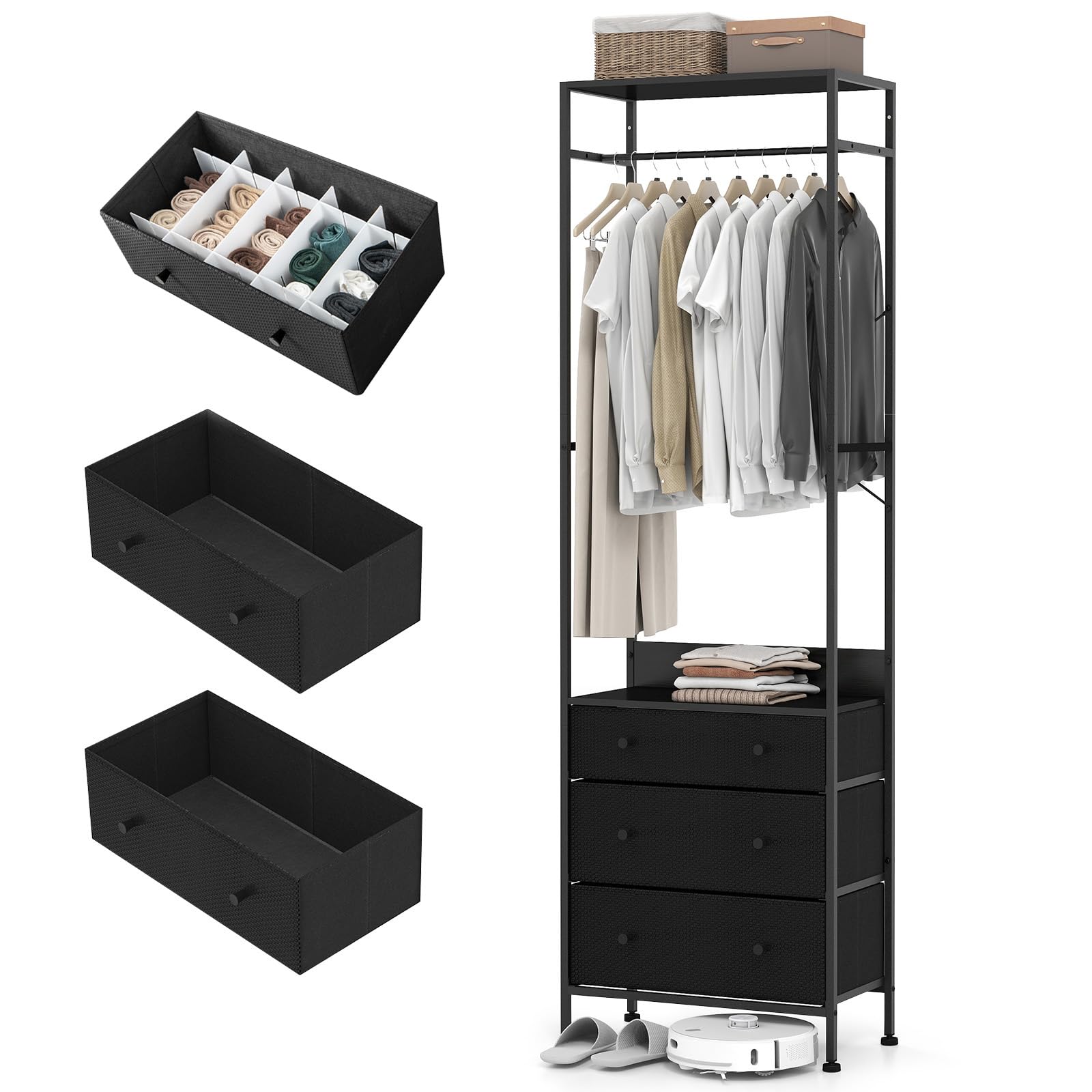 HOMASIS Appendiabiti da Terra con 3 Cassetti in Tessuto, Stand Appendiabiti in Legno e Metallo con Piedi Regolabili, Appendiabiti da Ingresso, Camera da Letto, 55 x 28 x 176 cm (Nero)