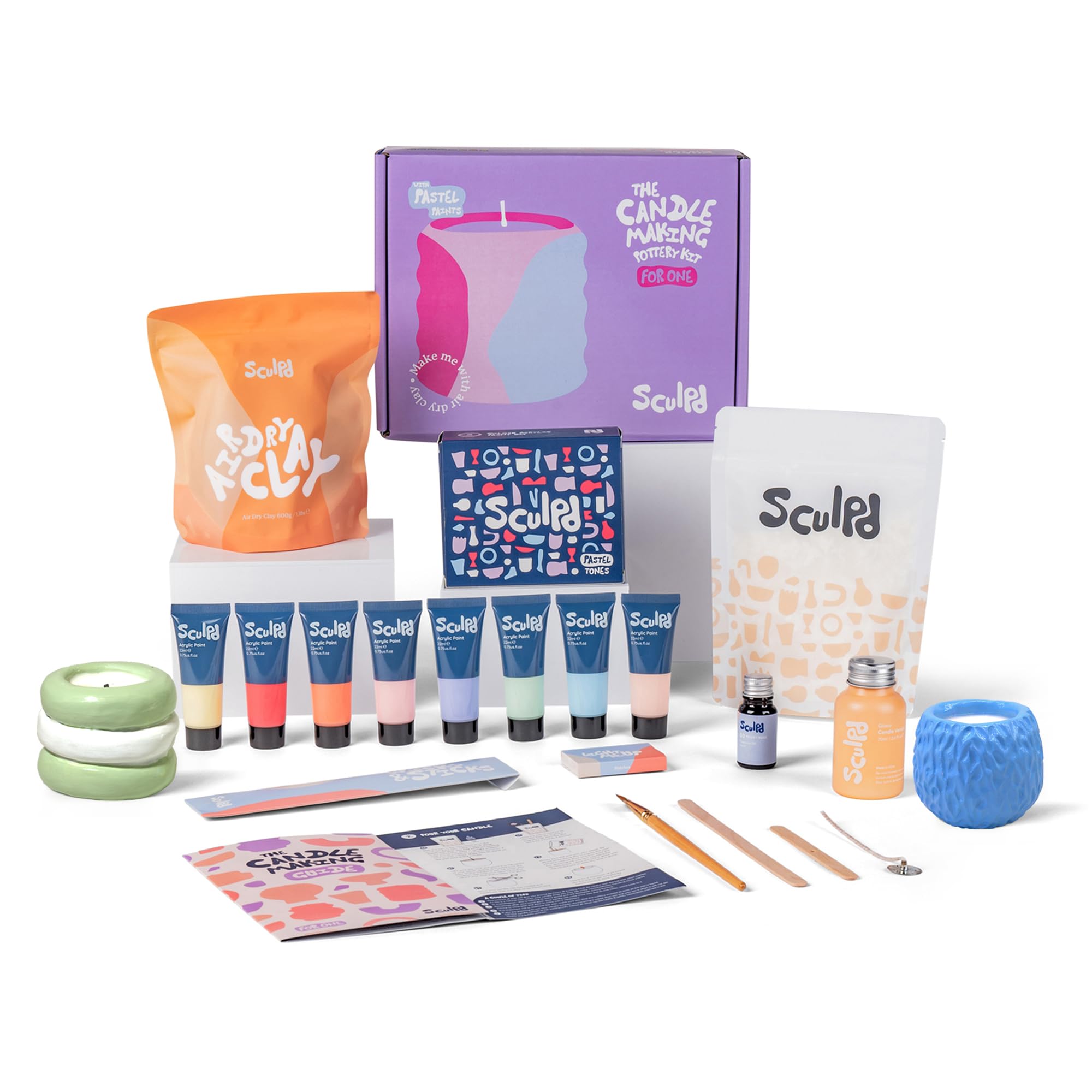 Sculpd Töpferei-Kit zur Kerzenherstellung für Erwachsene mit lufttrocknendem Ton und Acrylfarben-Set, ungiftiges Öko-Soja-Wachs, duftendes Duftöl, Kerzenglasur, Werkzeuge & Anleitung, 1 Kerze