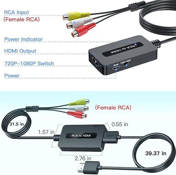 Female RCA to HDMI Cable Converter with HDMI and RCA Cables, CVBS Composite AV to HDMI Converter, Full HD 720P/1080P Output Switch for N64/ PS2/ Wii