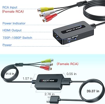 Female RCA to HDMI Cable Converter with HDMI and RCA Cables, CVBS Composite AV to HDMI Converter, Full HD 720P/1080P Output Switch for N64/ PS2/ Wii