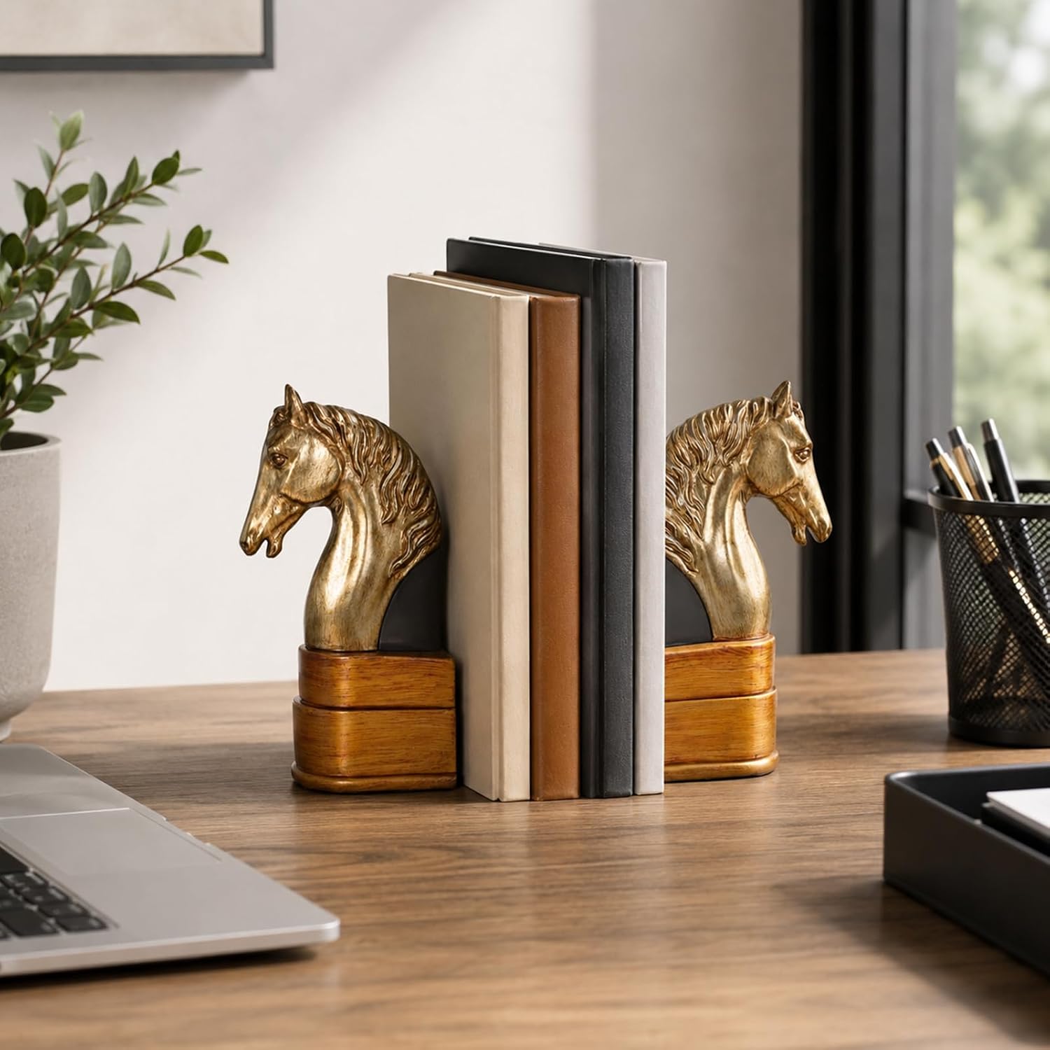 Golden Horse Head Statue Bookends Set of 2, Resin Decorative Book Ends for Shelves, Equestrian Western Home Decor Statue Accent for Office Desk Library Mantel Tabletop