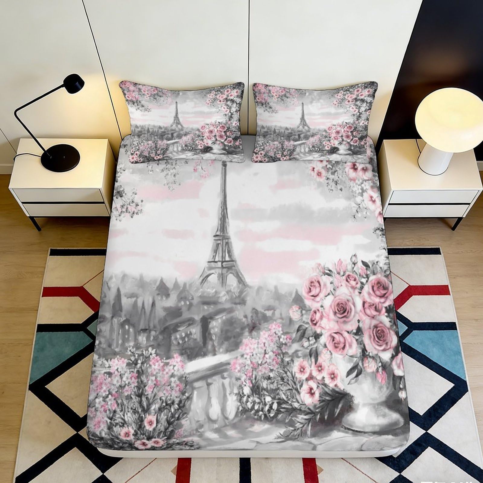 3D Printed Eiffel Tower Paris Fitted Sheet Microfiber Bedroom Decor Floral Mattress Cover Pink Grey for Home Guest Room 160x200x25cm