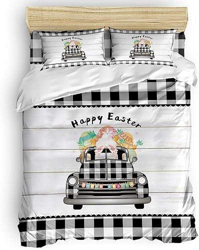 Juego de funda de edredón de 4 piezas feliz Pascua lindo huevo de conejo blanco y negro a cuadros camión de madera vintage juego de cama lavado