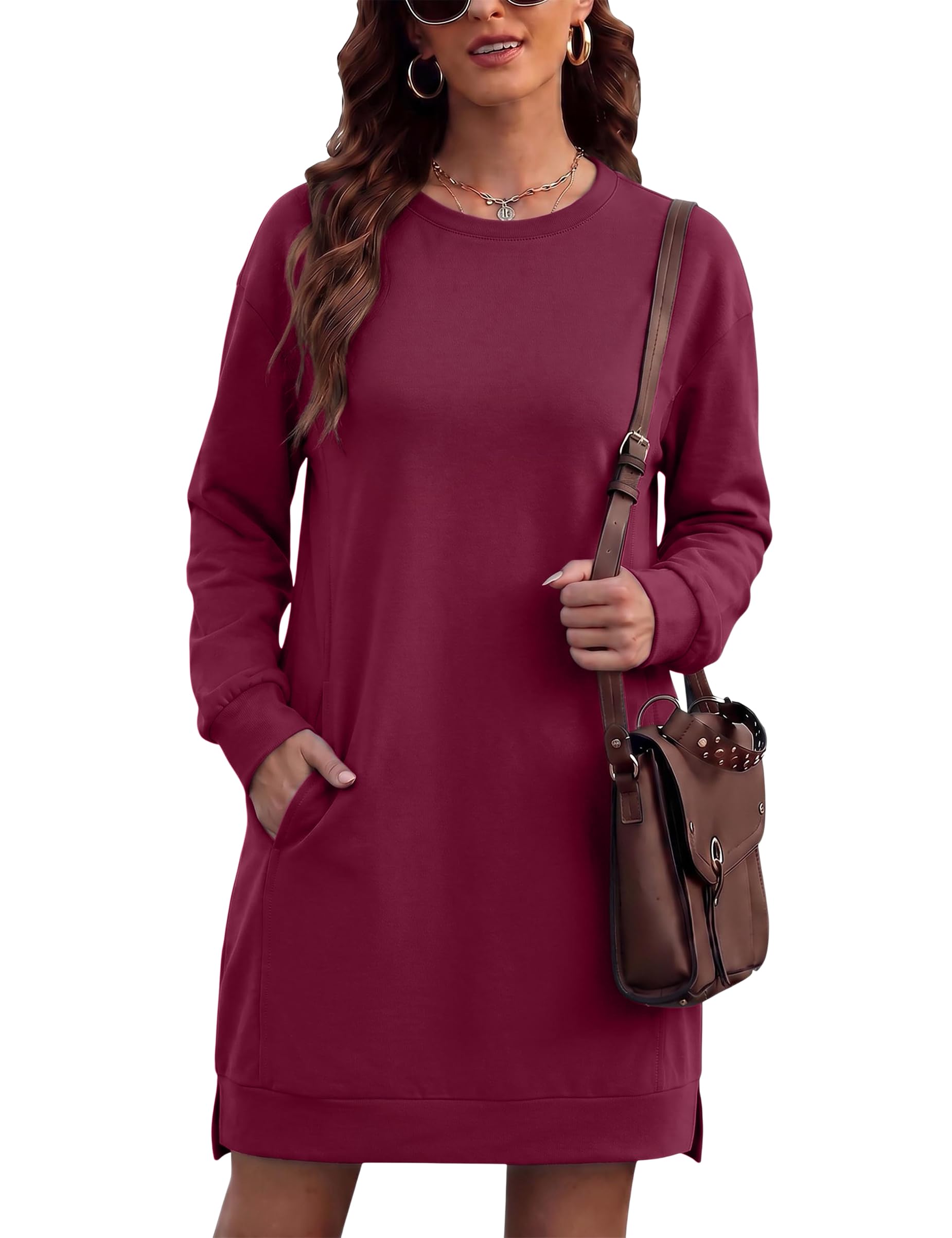 Litherday Damen Sweatshirts Kleid Langarm Sweatkleid mit Taschen S-XXL | Casual Rundhals Longline Sweatshirt-Kleid mit Seitenschlitz für Leggings Jeans Outwear Streetwear Alltag und Freizeit