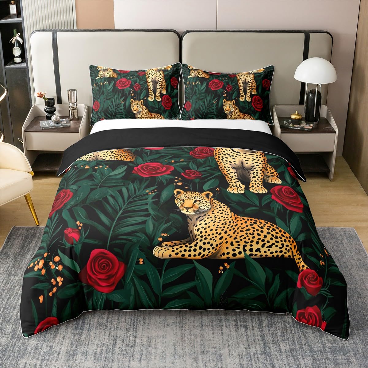 Homewish Leopard 100% Cotton Duvet Cover Double, Roses Romantic Animals Comforter Cover For Bed, Wildlife Safari Valentine Soft Bedding Set For Kids Boys Girls, Red Flowers Print Quilt Cover