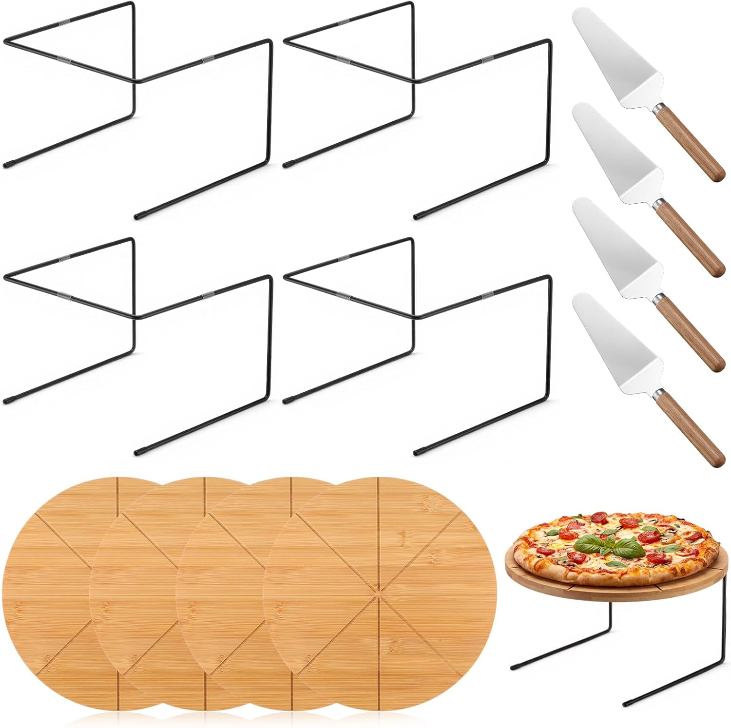 LemonRoad 12 Pcs Pizza Pan Riser Stand Set 4 Metal Table Stands 4 Pcs 12'' Bamboo Wooden Pizza Pans Tray with Cutting Grooves 4 Wood Handle Pie Server Spatulas for Baking Dessert Restaurant Party Use
