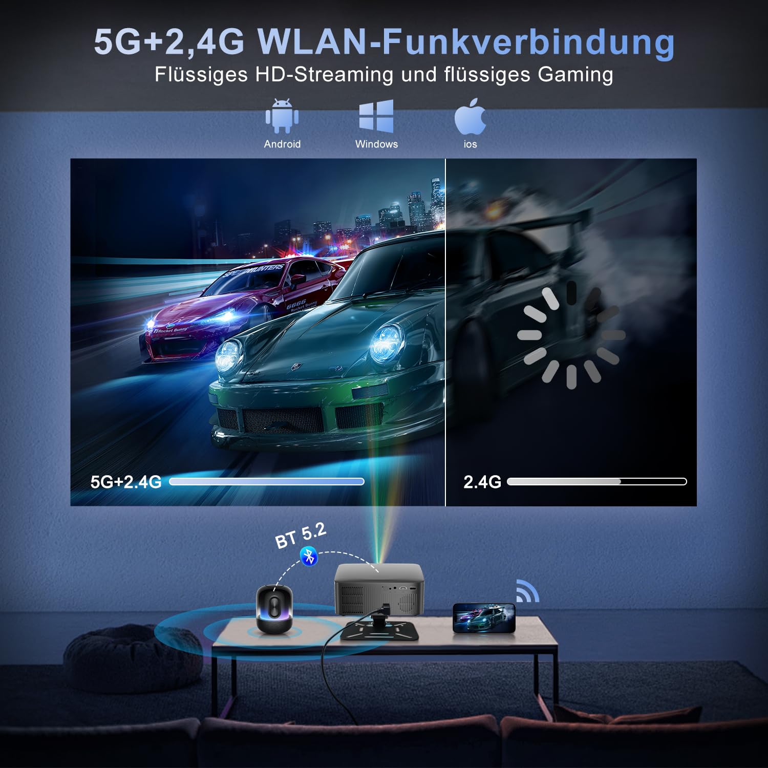 ZDSSY Mini Vidéoprojecteur 8K Compatible,avec Android 14 Vidéoprojecteur natif 1080p,Portable Video Projecteur,Videoprojecteur WiFi 6 BT 5.2 Auto Keystone,Home Cinema Projector,avec Support à 90°,Noir