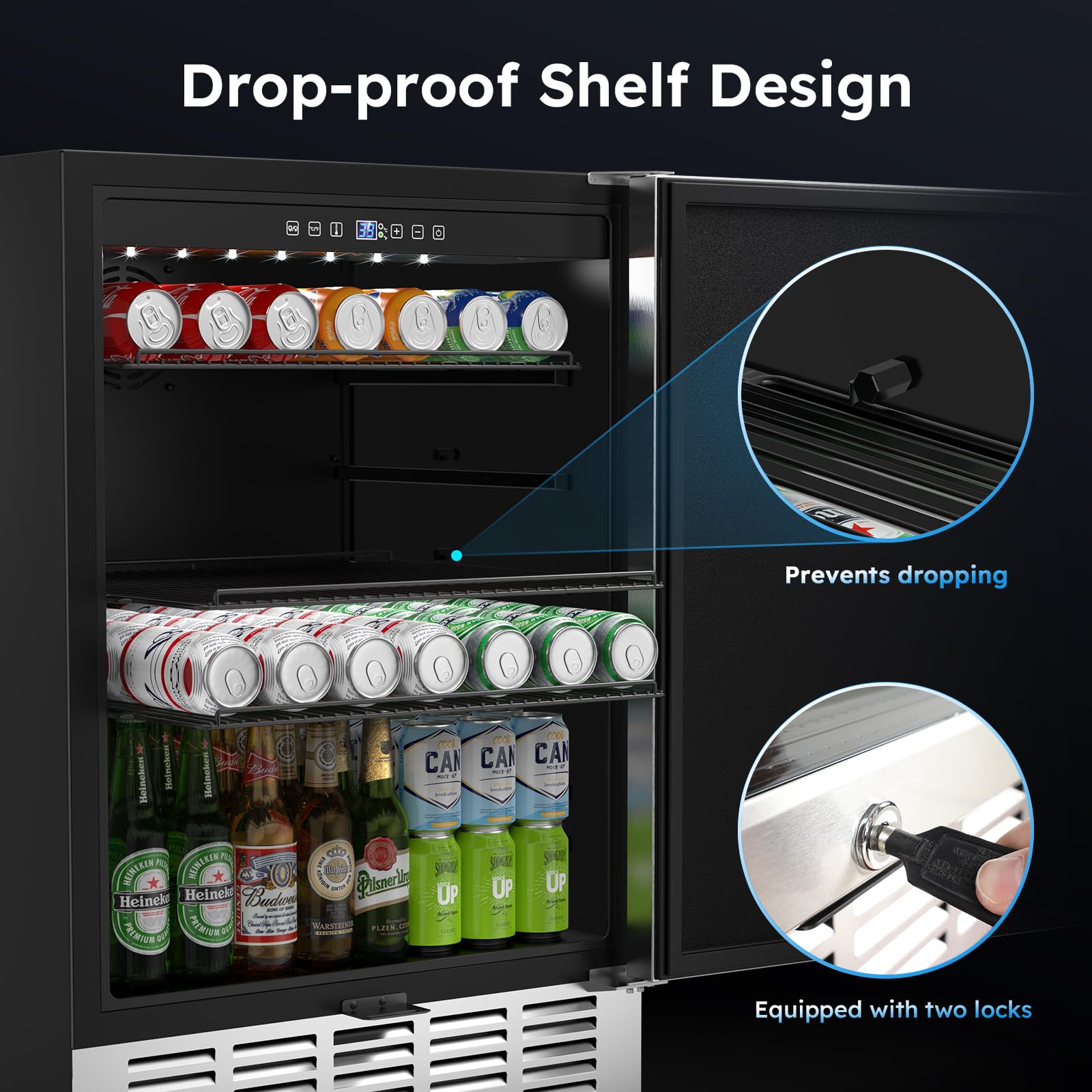 24 Inch Beverage Refrigerator, 190 Cans Built-In/Freestanding Beverage Cooler, Digital Memory Under Counter Beer Fridge With Glass Door, Safety Locks, Removeable Racks (Glass Door) on Fridge.com - View 4