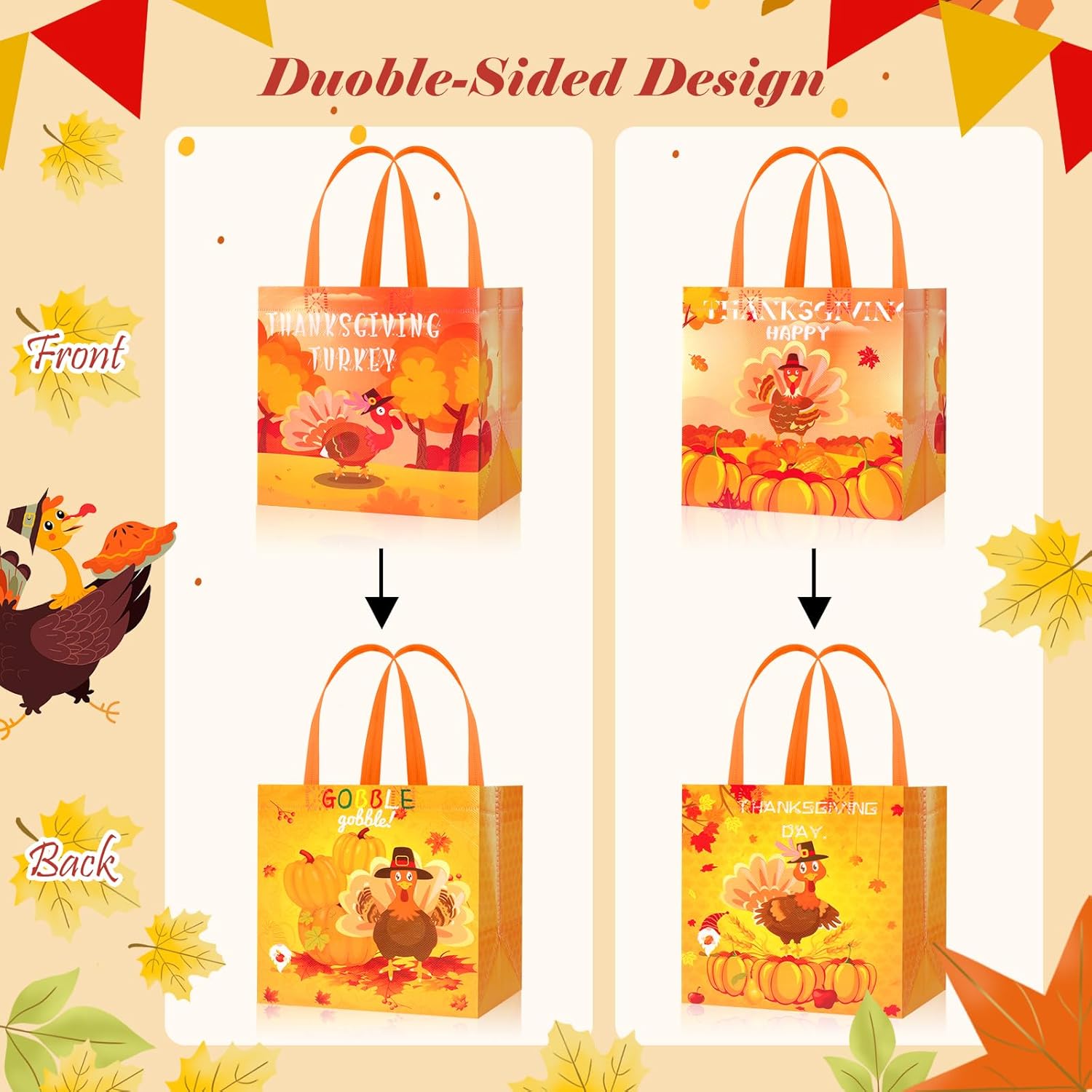 HOWAF 12Pcs Thanksgiving Gift Bags with Handles, Reusable Thanksgiving Tote Bags for Thanksgivings Day & Party Favors, Non-woven Thanks Giving Bag, Tuekey Themed Treat Bags - Image 3