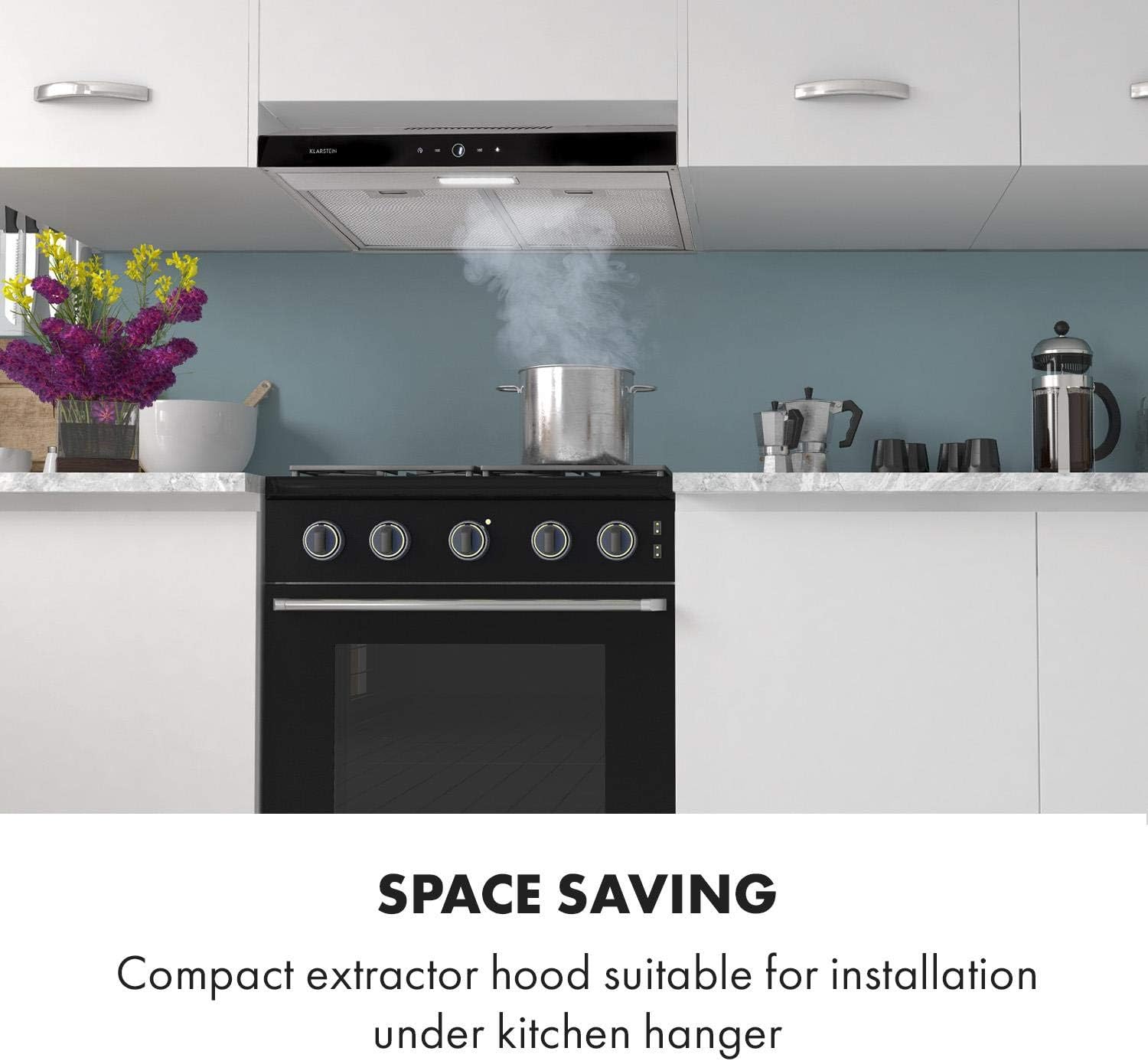 KLARSTEIN Contempo Neo - Under-Mounted Cooker Hood Extractor, Recirculation Width 90 CM, Maximum Exhaust Power 175 m³/h, SenseControl, Integrated Touch Control, LED Cooker Lights, Elegant Design