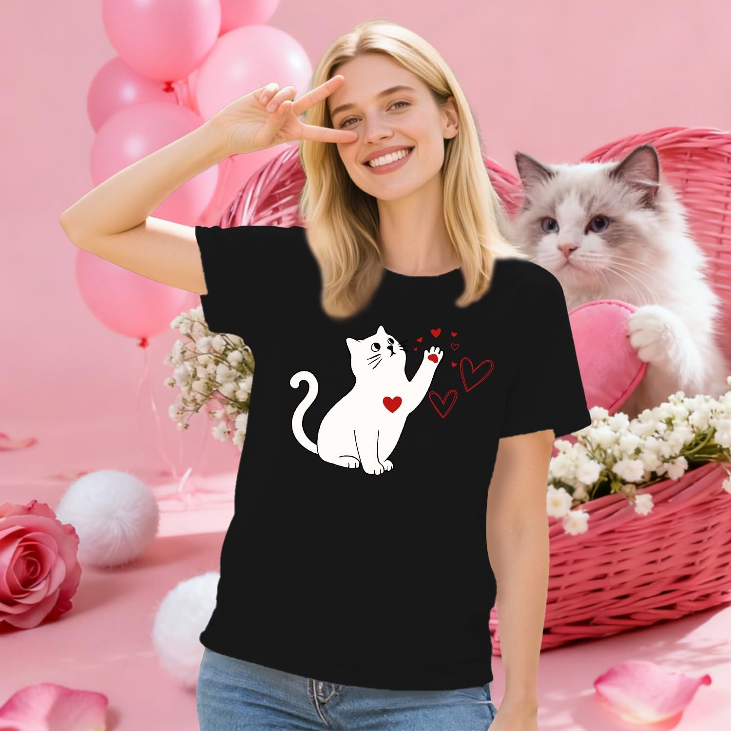 Valentines Day Shirts Women Cute Cat Pet Lover T-Shirt Love Heart Valentine Tee Tops - Image 4