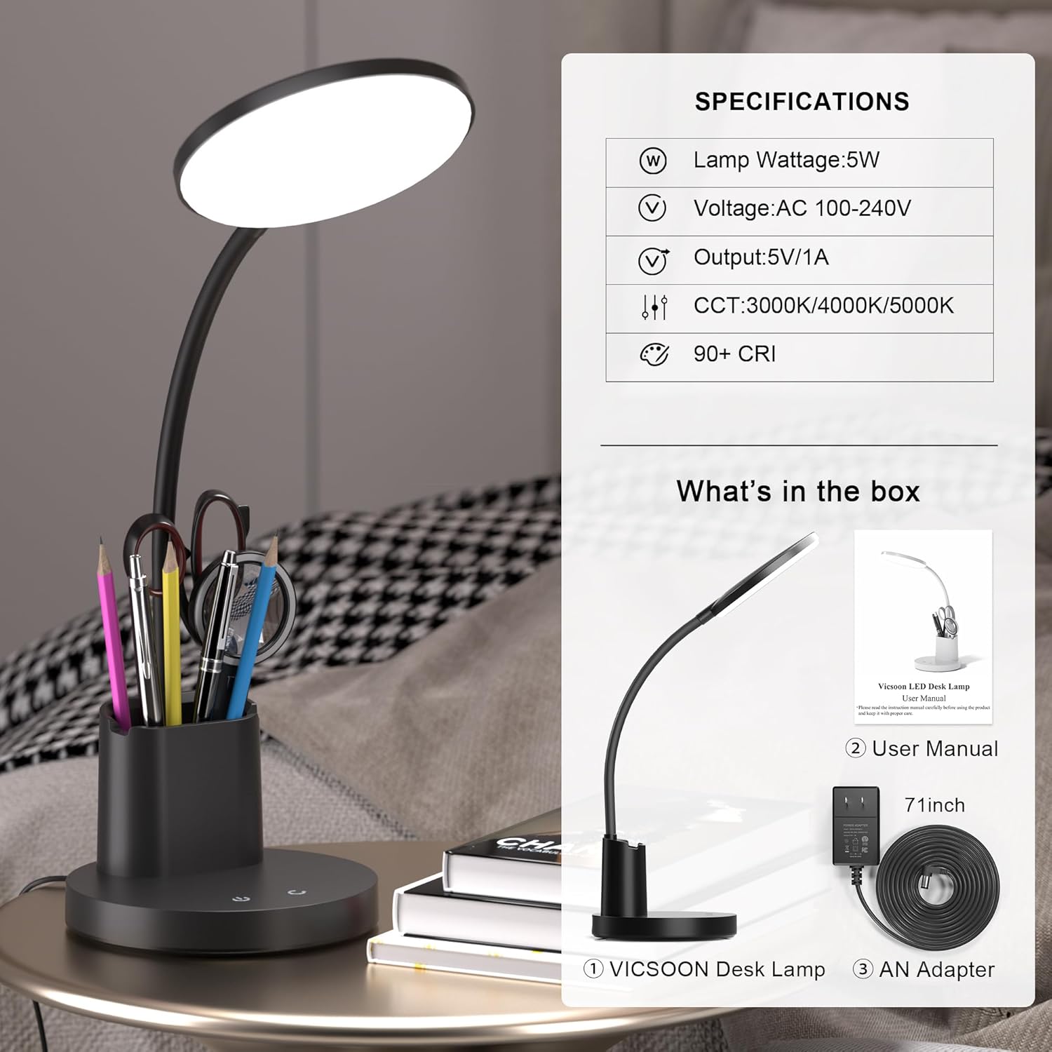 Desk Lamp, LED Desk Lamps for Home Office, Touch Table Lamp with 3 Color Modes 360° Adjustable Arm, Dimmable Desk Light with Pen Phone Holder for College Dorm, Black