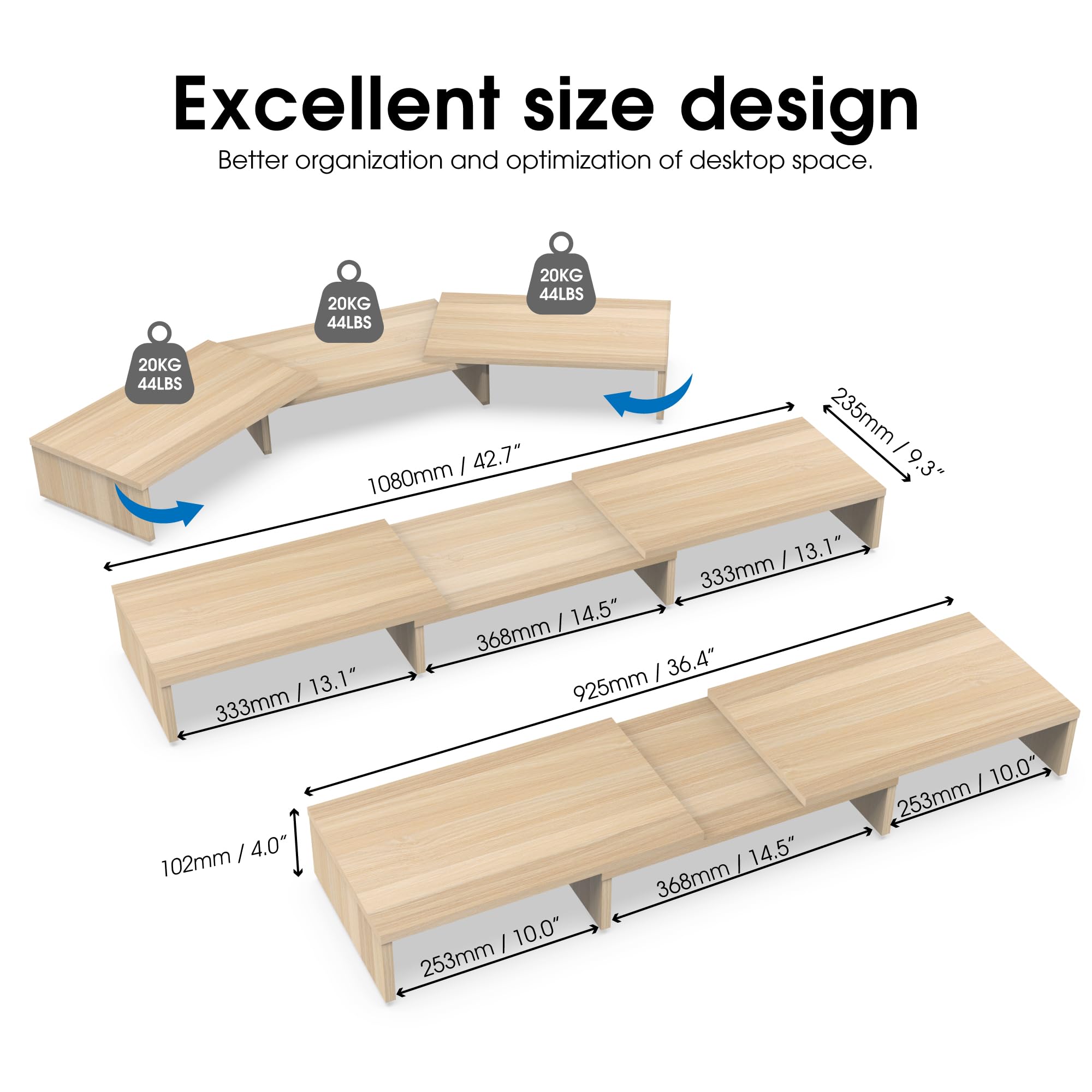FITUEYES Supporto Monitor Supporto per Monitor in Legno con Lunghezza e Angoli Regolabili per 2 Monitor 92,5-108 x 23,5 x 10,2cm (Giallo) DT108006WO