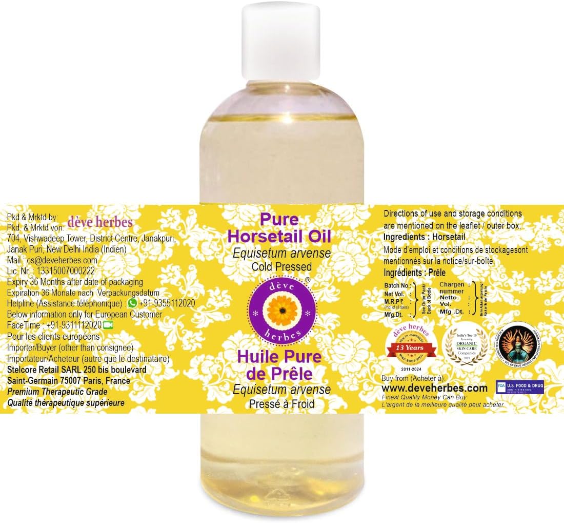 Deve Herbes Horsetail Oil (Equisetum arvense) | Cold Pressed | Pure | Natural | for Diluting Essential Oils | for Hair, Skin & Massage | Non-Sticky | Lightweight | Unisex | 200ml (6.76 oz)