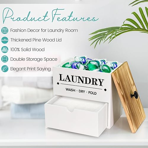 Miniatura 2 de Dispensador de hojas para secadora de madera con cajón y tapa, soporte y recipiente para organización y almacenamiento de lavandería, soporte de