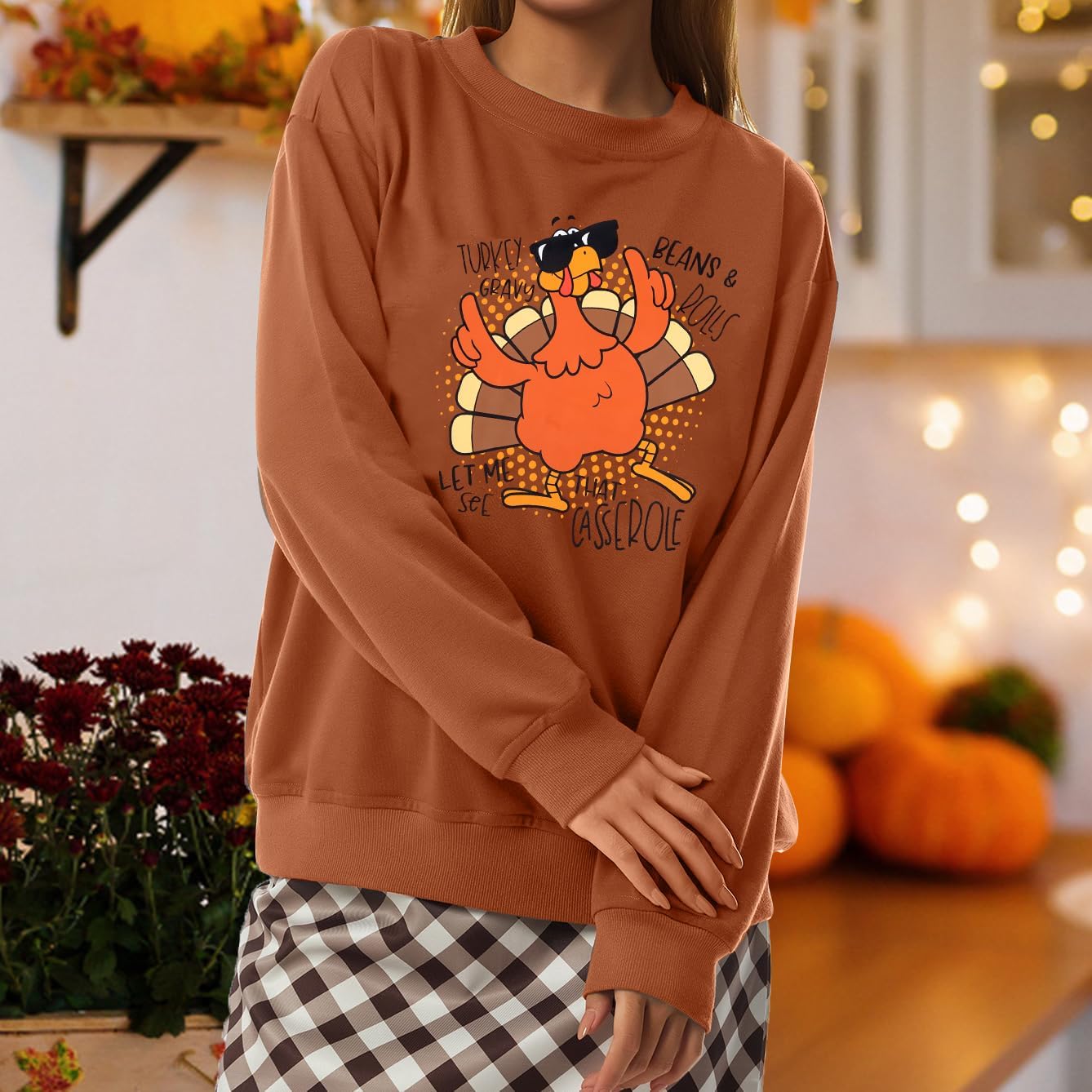 Thanksgiving Sweatshirts Women Turkey Gravy Beans And Rolls Sweatshirt Funny Turkey Graphic Pullover Fall Shirt Tops - Image 3