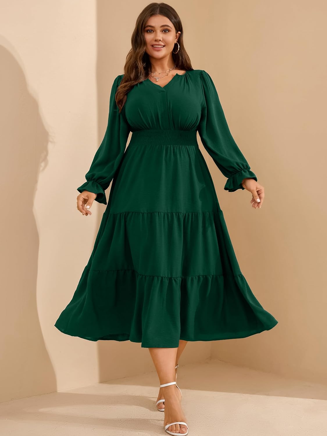 RWJ Womens Plus Size Fall Dress Long Sleeve V Neck Tiered A-Line Elegant Formal Casual Wedding Guest Maxi Dresses - Image 4