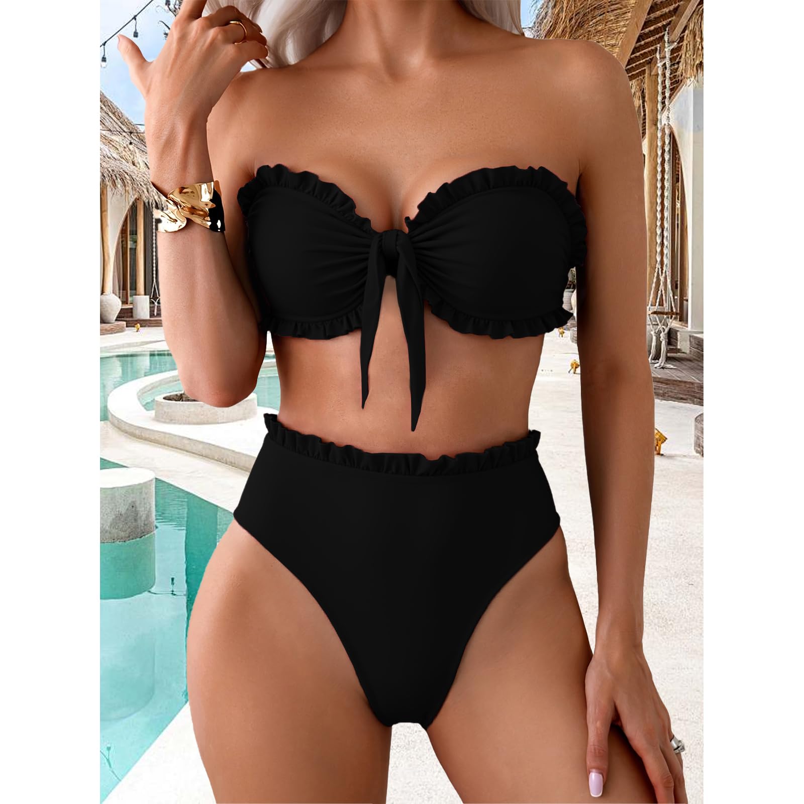 OUSIMEN Maillots de Bain Femme Deux Pièces Design Froncé et Torsadé Bretelles Bikini et Bas à Taille Moyenne