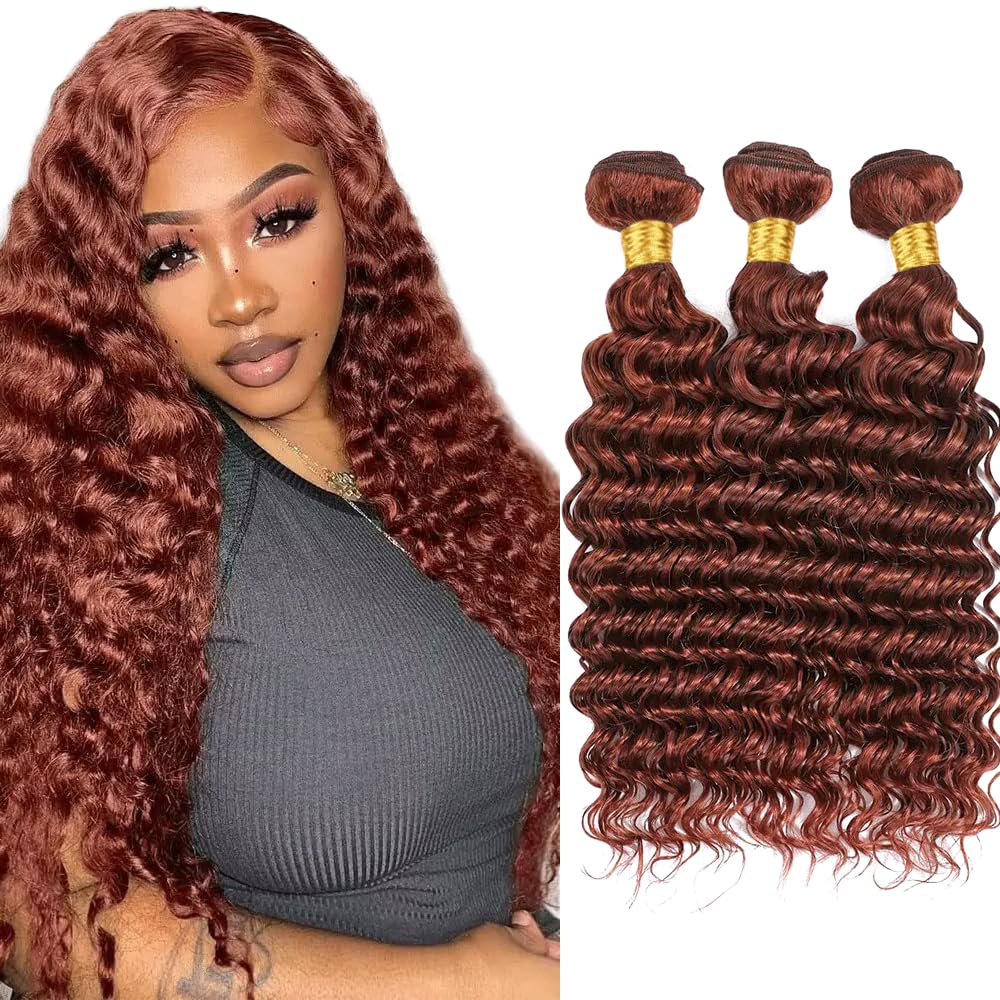 Auburn Bundles Human Hair Color 33 Loose Deep Human Hair Bundles Reddish Brown Deep Wave Bundle 12 12 12 Inch Brazilian Virgin Remy Hair Extensions 3Pcs/Set Deals