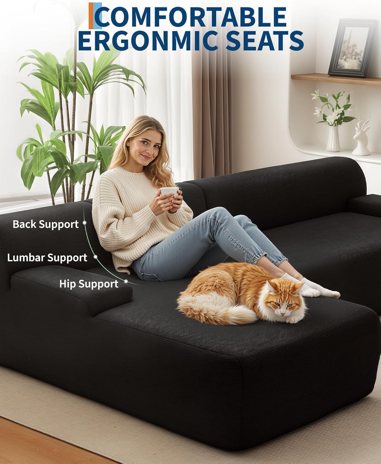 Acekool Sofá Esquinero Modular Estilo Nube 273 cm en Terciopelo Acanalado | Gran Chaise Longue a la Izquierda, Asiento Profundo, Entrega Compacta Sin Montaje